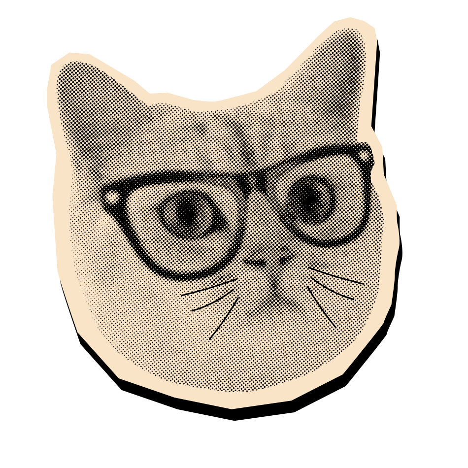 A black and white halftone illustration of a cat's face wearing glasses, with a stylized, cartoon-like appearance.