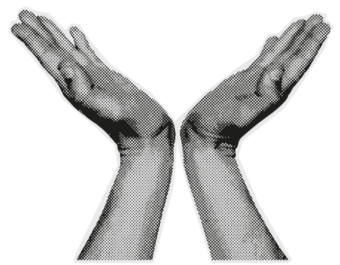 Two stylized hands with open palms facing each other, creating an abstract shape.