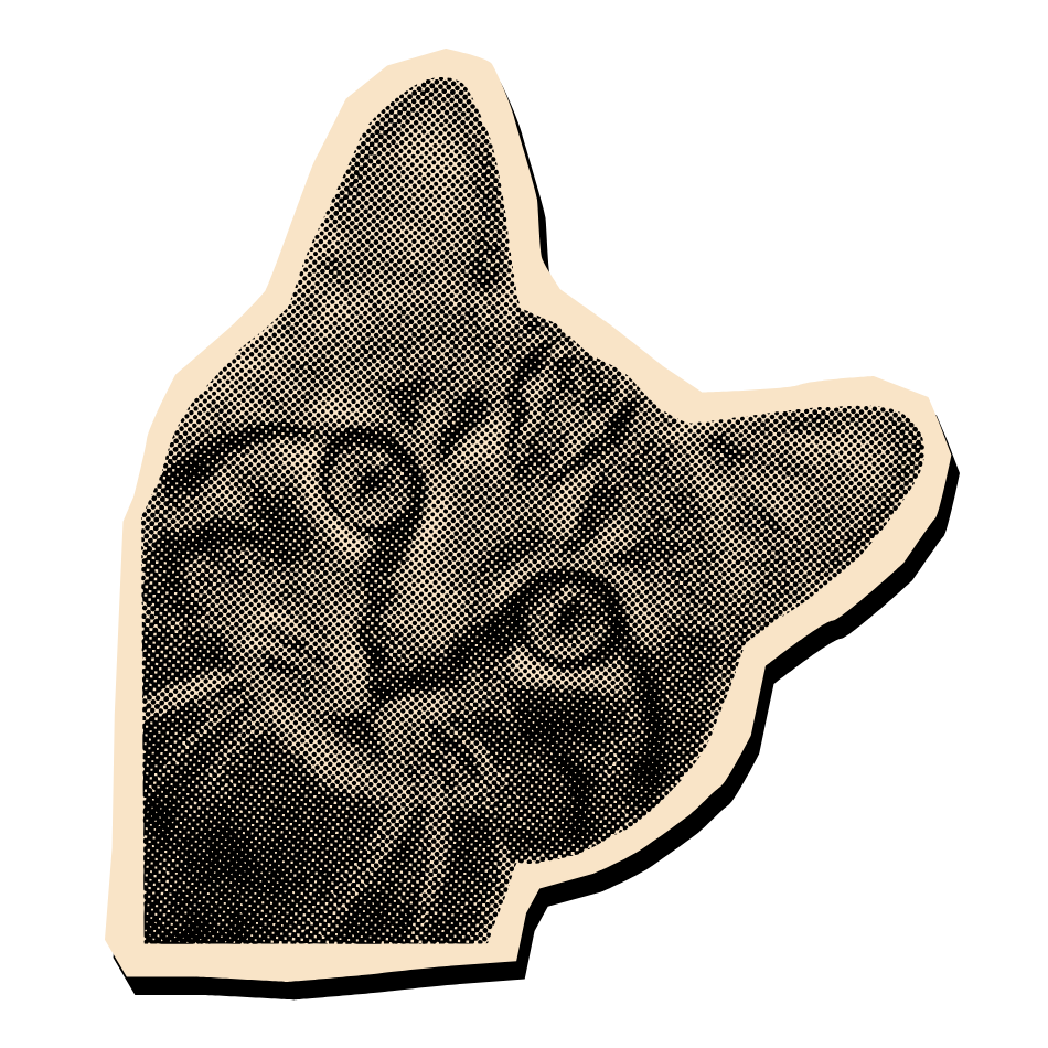 Sticker featuring three busts of men in black-and-white, halftone style, with a beige outline