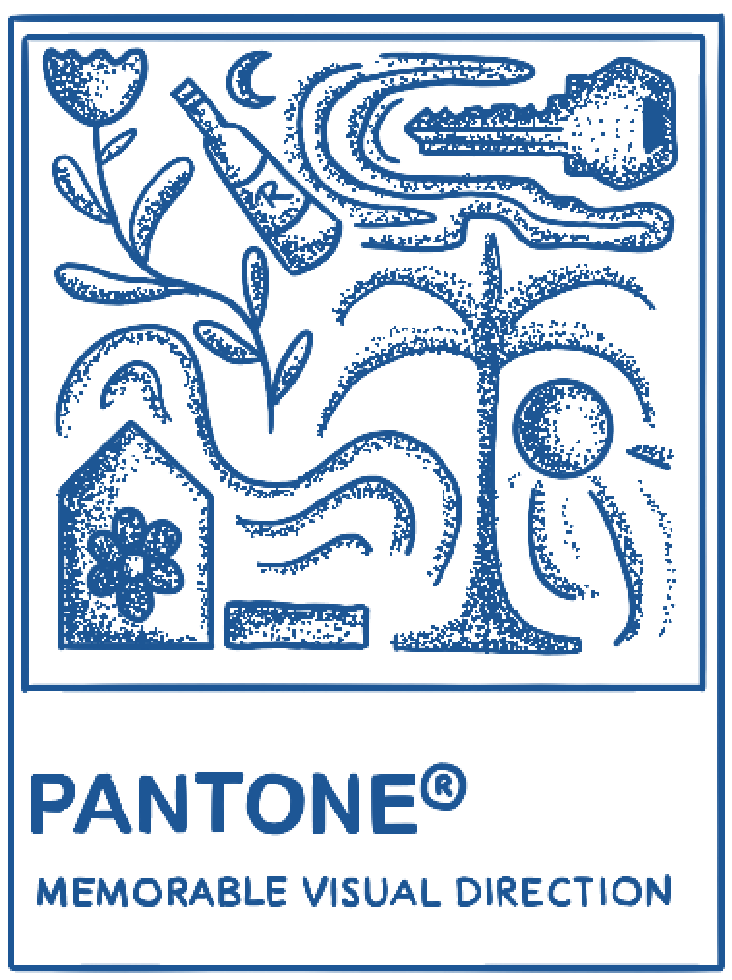 Abstract illustration of a Pantone colour card, with flowers, sun, wine, swirls, a house, a key and a moon, with the text 'PANTONE® MEMORABLE VISUAL DIRECTION' at the bottom.