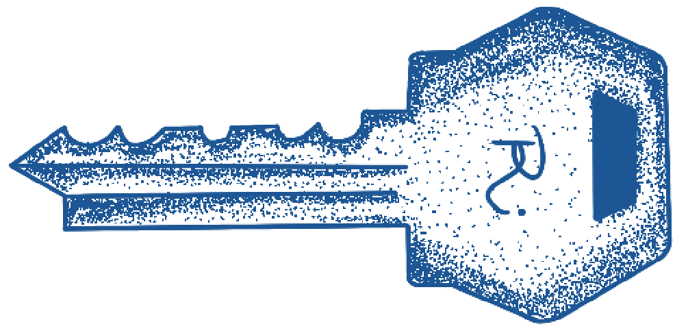A close-up stippled illustration of a key with a square head, marked with an R to represent Studio Ren.
