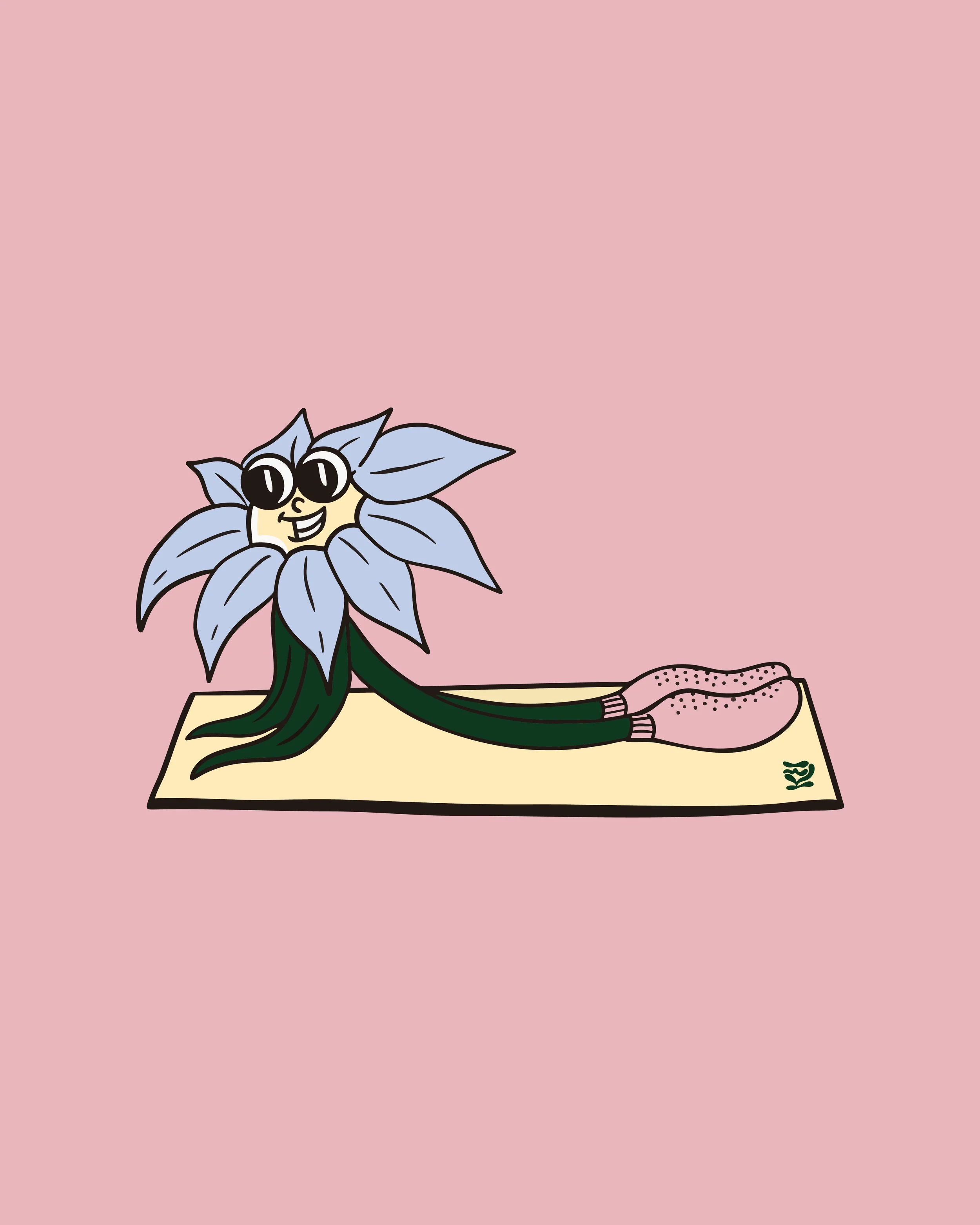 Cartoon flower with a smiling face and sunglasses practicing yoga on a mat.