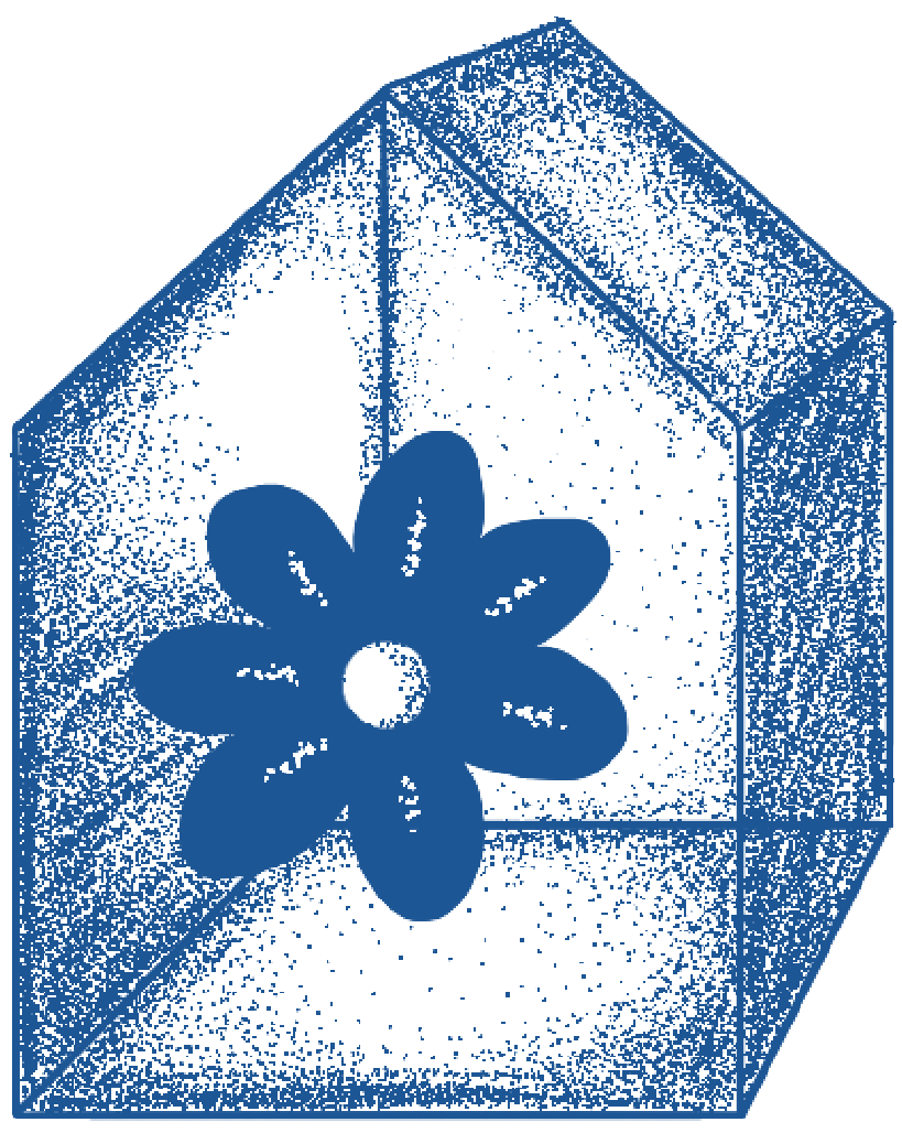 A blue 3D stippled illustration of a flower inside a house.