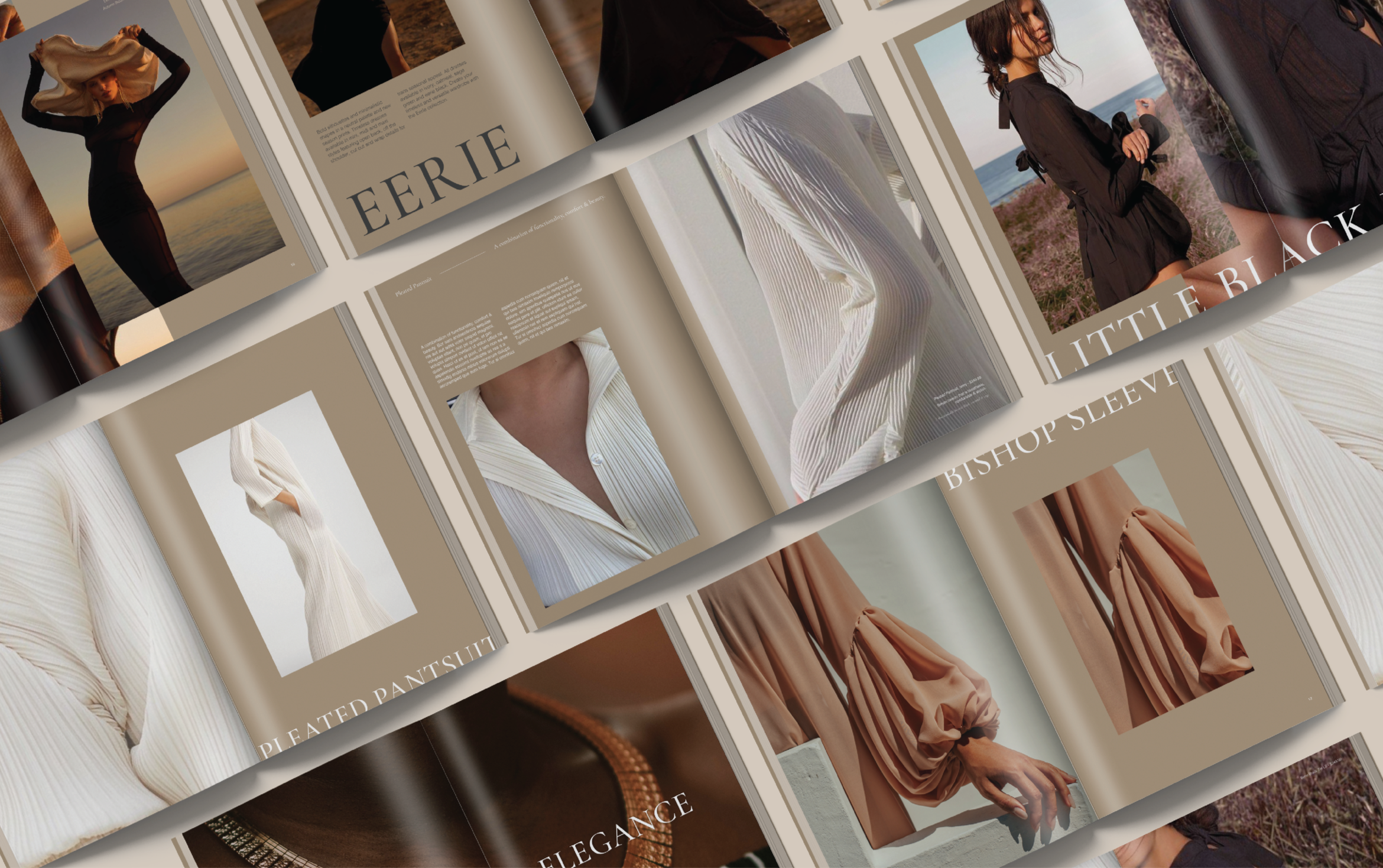 Multiple fashion magazine pages featuring models in various outfits, with close-up shots of clothing details and scenic outdoor photos.