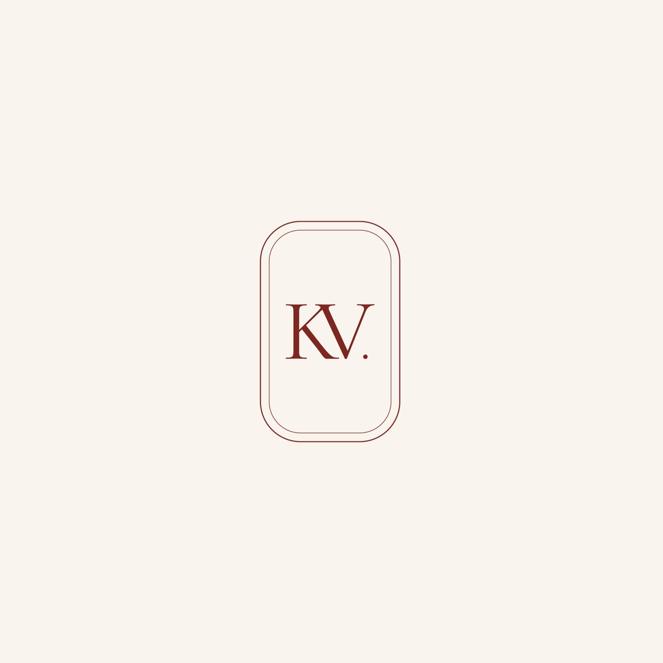 Minimalist logo with the letters 'KV.' in the center, framed by a thin rounded rectangle, on a light background.