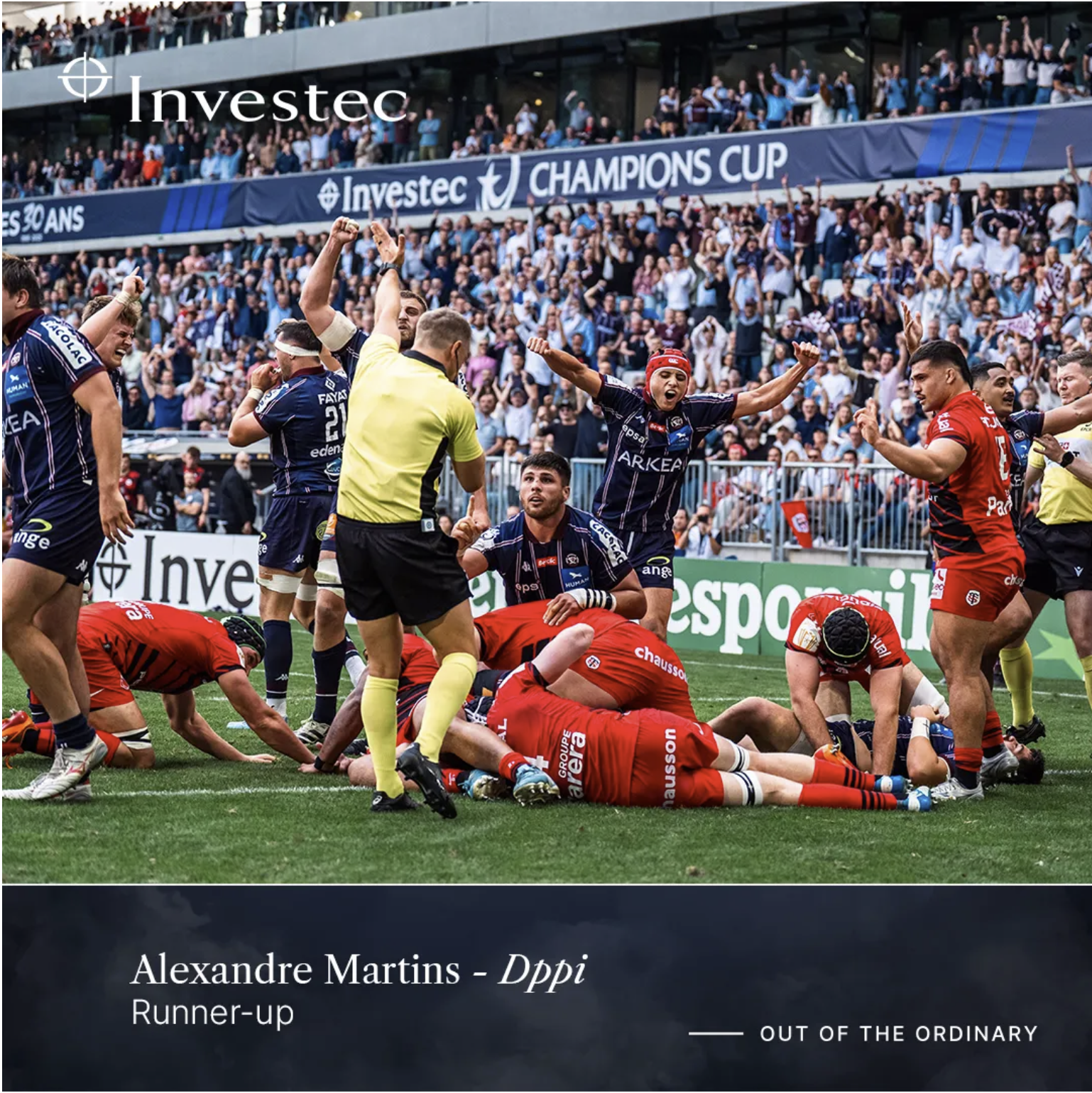 A rugby match with players celebrating in the field, some on the ground and others standing, with a crowd cheering in the background. The overlay text indicates Alexandre Martins was the runner-up in a competition.