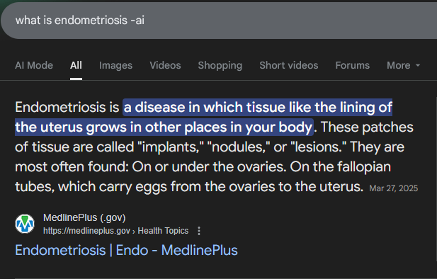 Google search result of "what is endometriosis"
