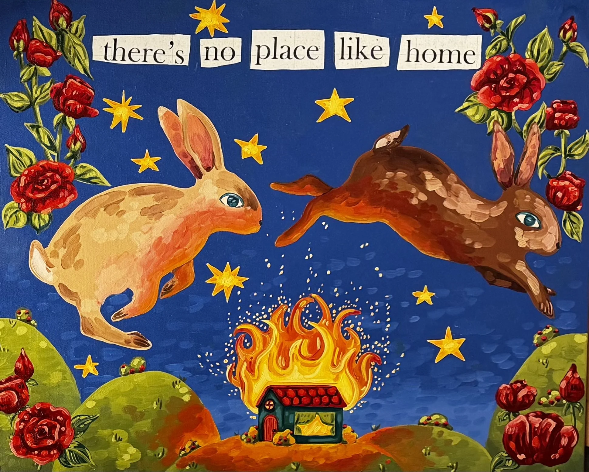 "run, bunnies, run" 2025, oil and image transfer on canvas, 24" x 30"