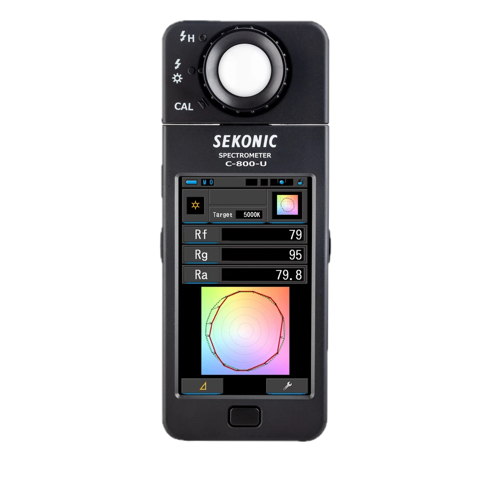 Sekonic C-800 SpectroMaster front view showing colour rendering readings on the touchscreen