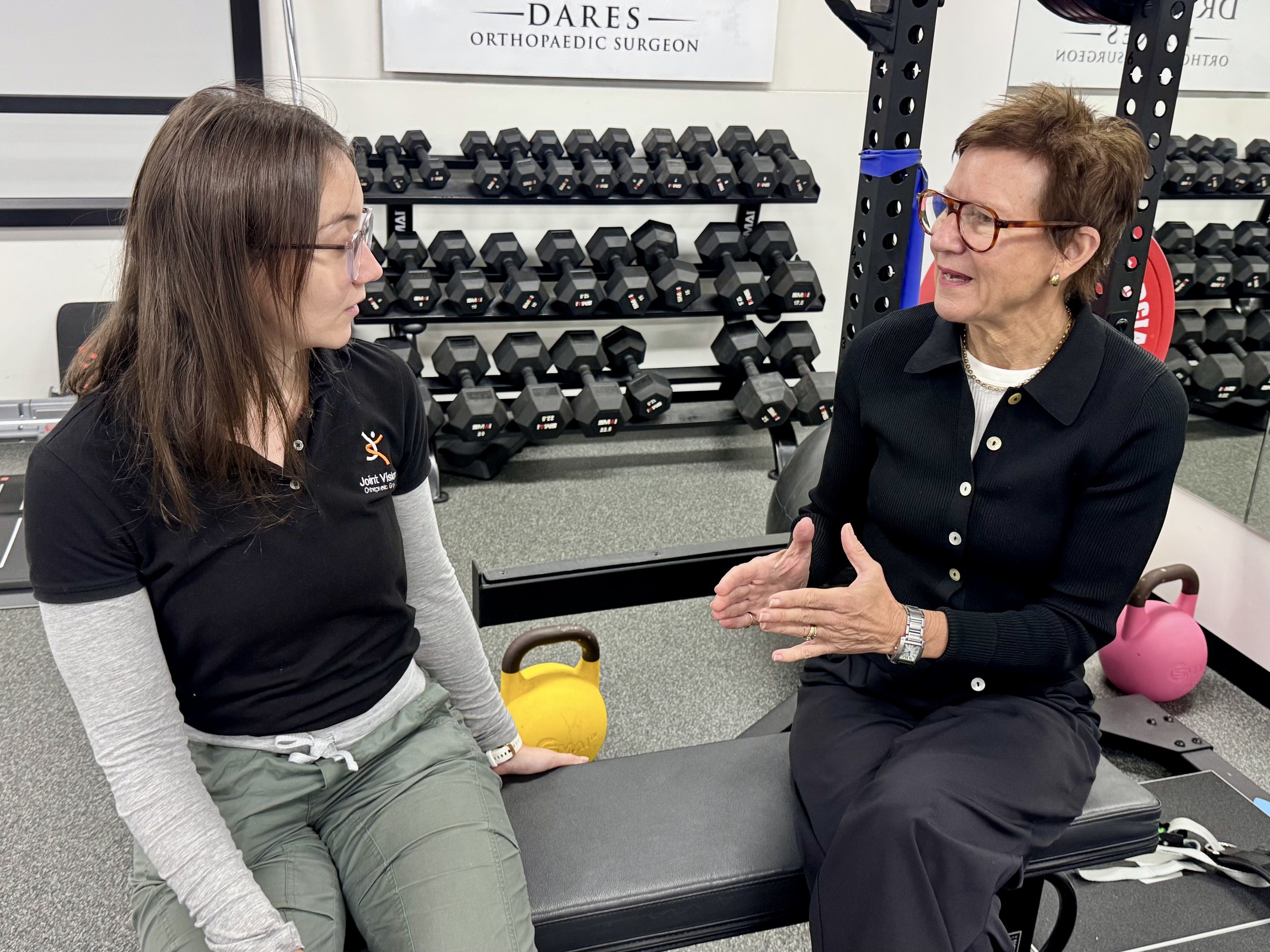 Joint Vision dietitian Sally Livock with Exercise Physiologist Caitlin Beatty discussing nutrition, exercise and healthy lifestyle goals