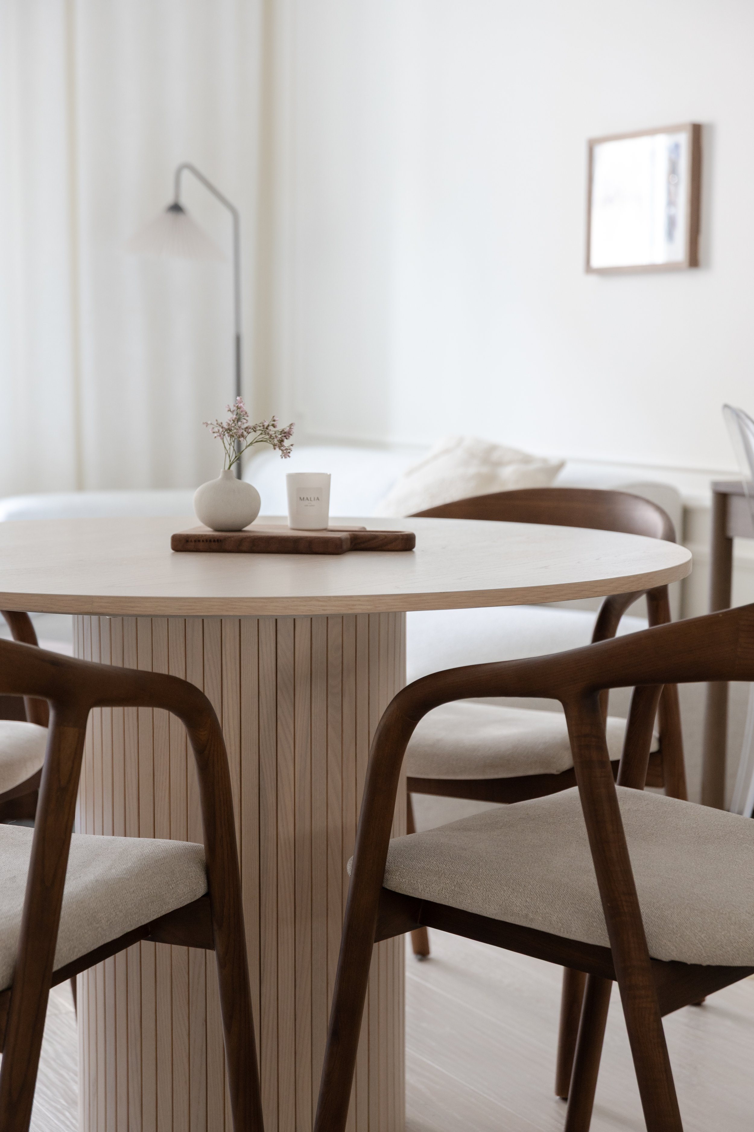 Solid wood dining chairs with beige upholstery