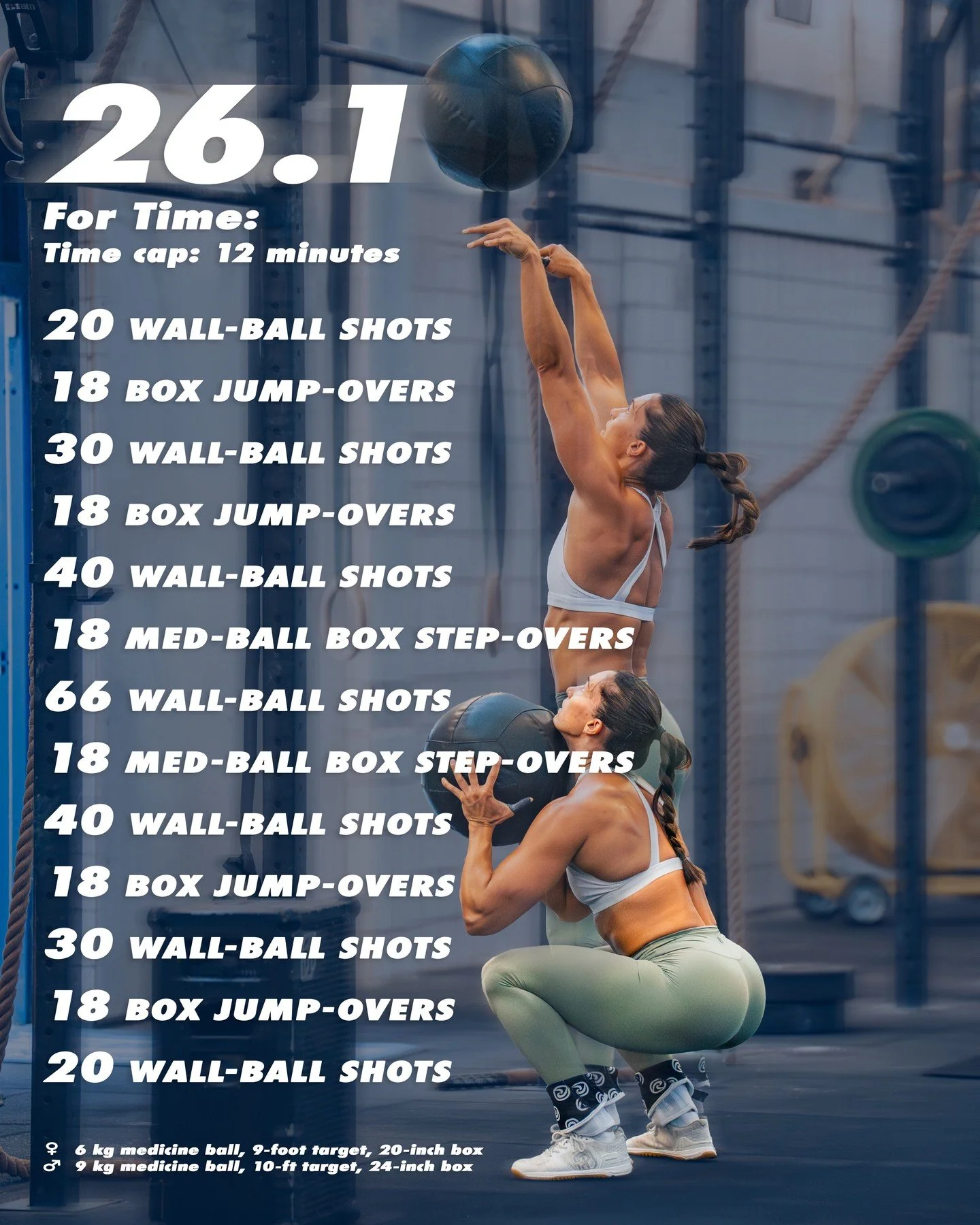 26.1 is here.⁠
Are you one of the fittest few that will finish or like the rest of us mere mortals that will AMRAP? ⁠
⁠
For Time:⁠
20 wall-ball shots⁠
18 box jump-overs⁠
30 wall-ball shots⁠
18 box jump-overs⁠
40 wall-ball shots⁠
18 medicine-ball box 