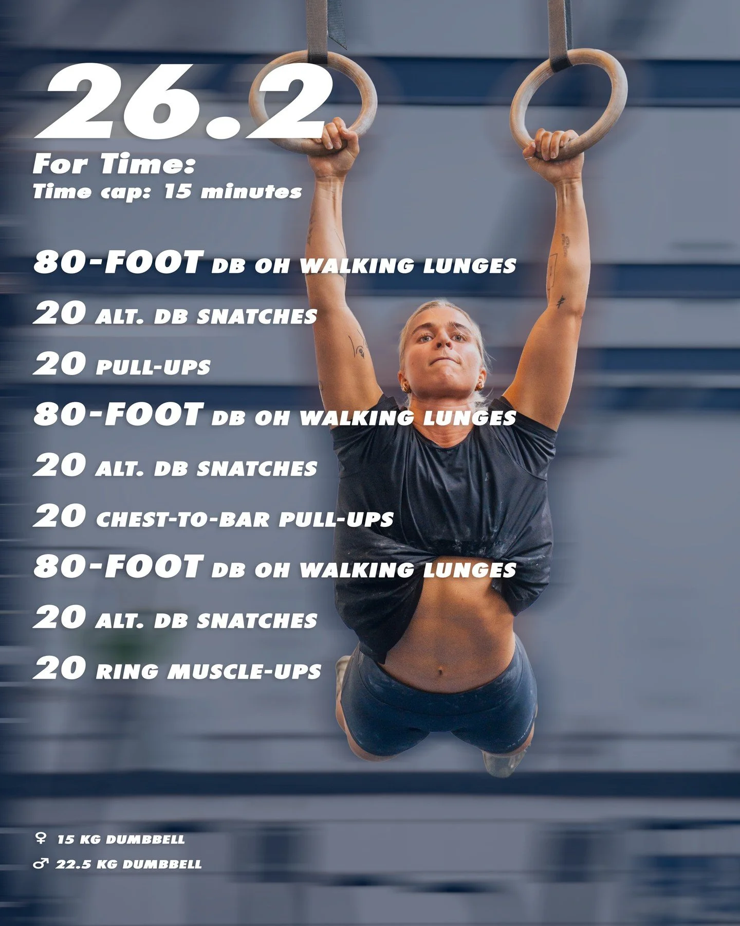 This might be the weekend where you get your first pull-up, chest-to-bar or maybe even a muscle-up 🤯⁠
⁠
26.2 is here and it's a whole lot of movement⁠
⁠
For time:⁠
80-foot dumbbell overhead walking lunges⁠
20 alternating dumbbell snatches⁠
20 pull-u