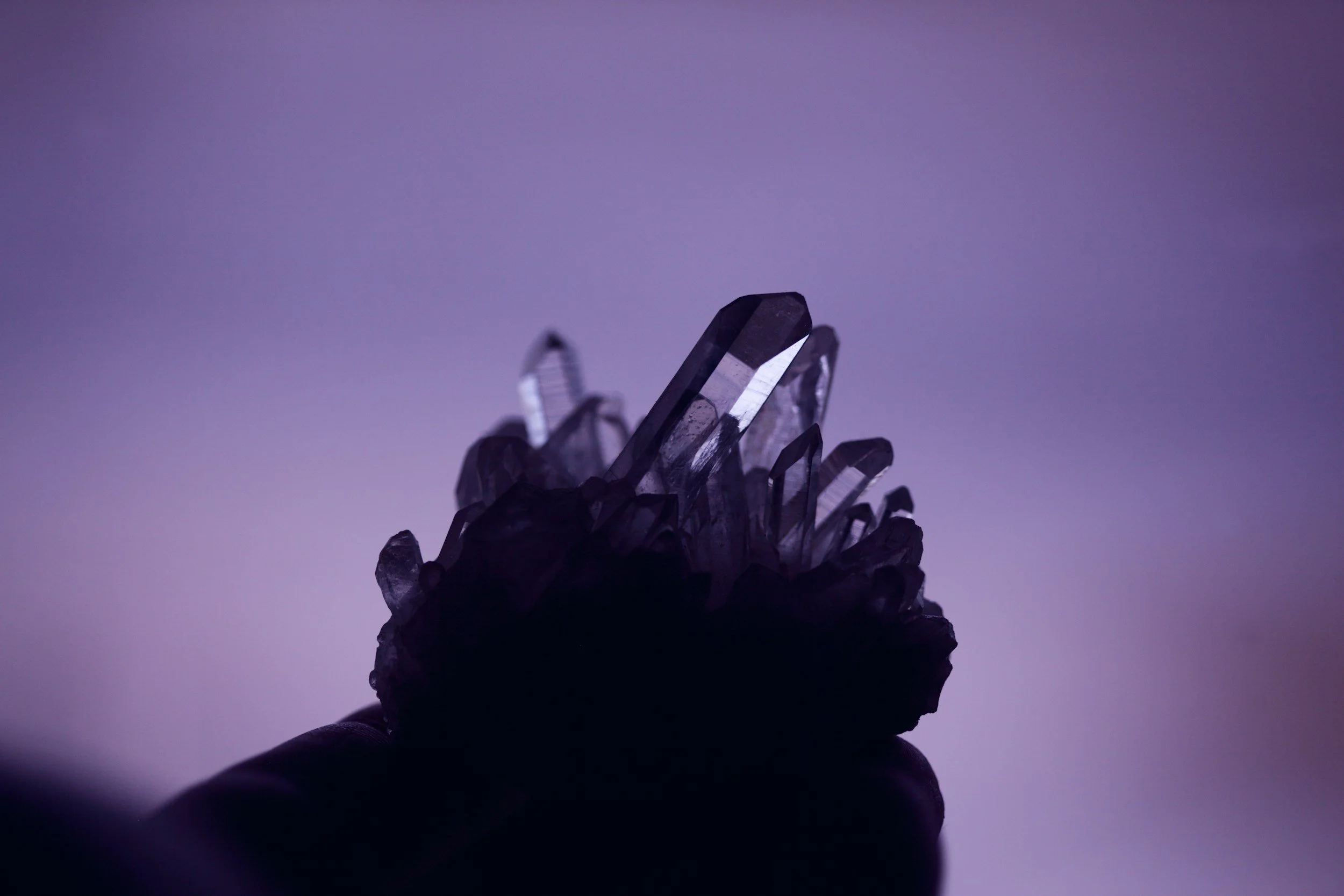A hand holding a cluster of dark, transparent crystals against a purple background.