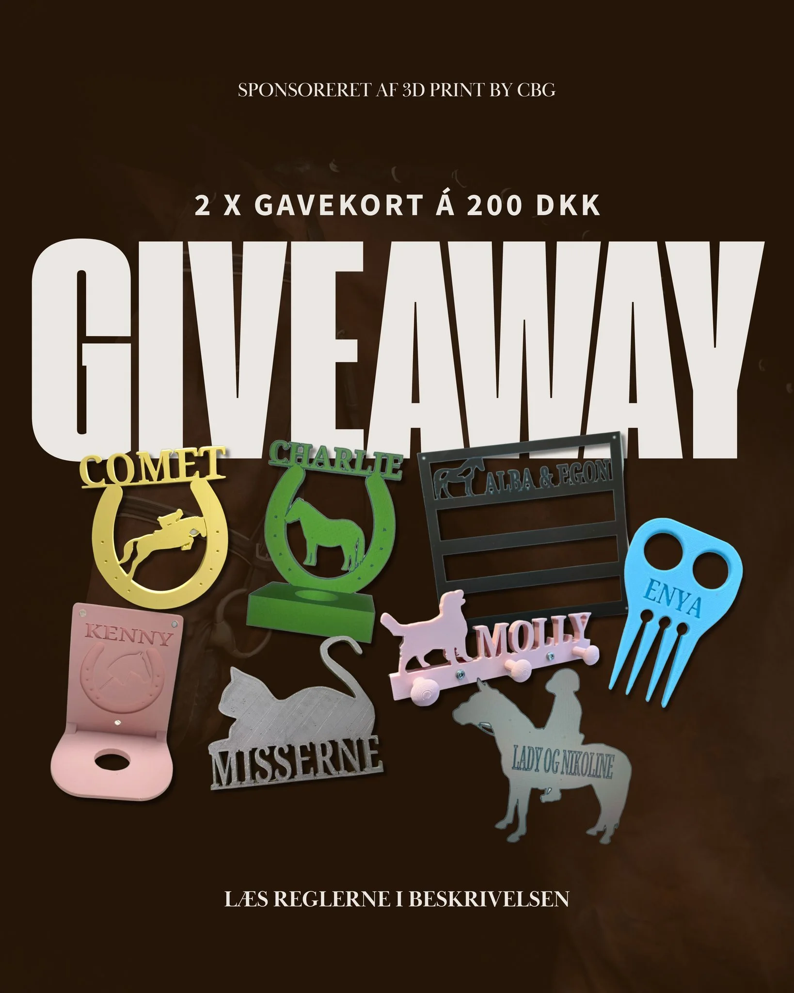 🎉 GIVEAWAY 🎉

Vi har f&aring;et lov til at udlodde 2 x gavekort sponsoreret af 3D PRINT BY CBG ✨

Gavekortene kan bruges p&aring; et bredt udvalg af produkter &ndash; bl.a. boksskilte, rosetholdere, trenseholdere, n&oslash;gleringe, kamme, dekorati