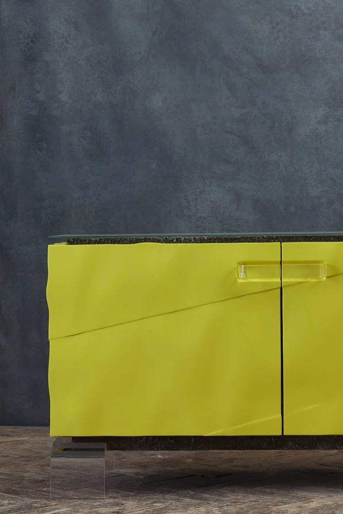 Romuald Stefanski Solis sideboard in high-gloss yellow lacquer, interior photographer London