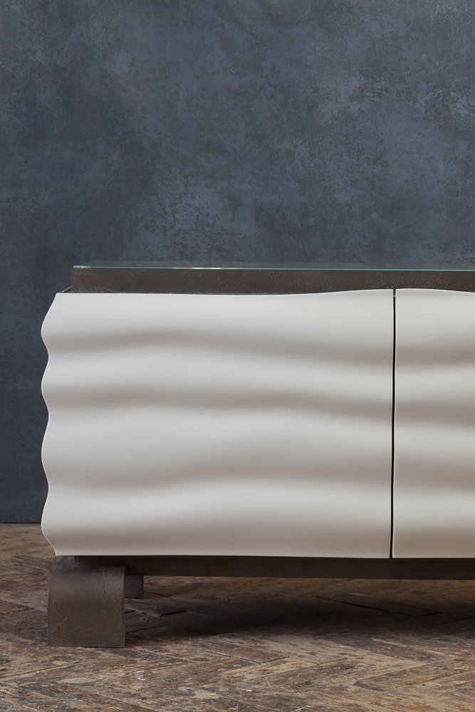 Romuald Stefanski Ondina sideboard, close-up view of the hand-shaped wave elevation, interior photographer