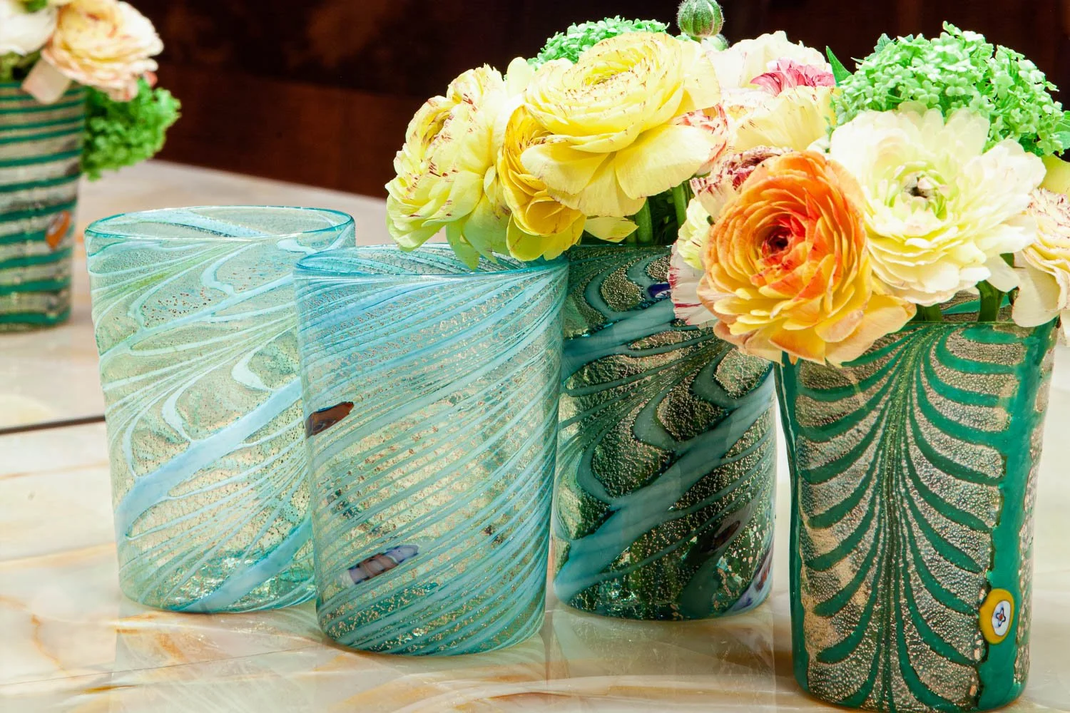 Isabelle Bizard Murano glass vases with fresh flowers, interior photographer