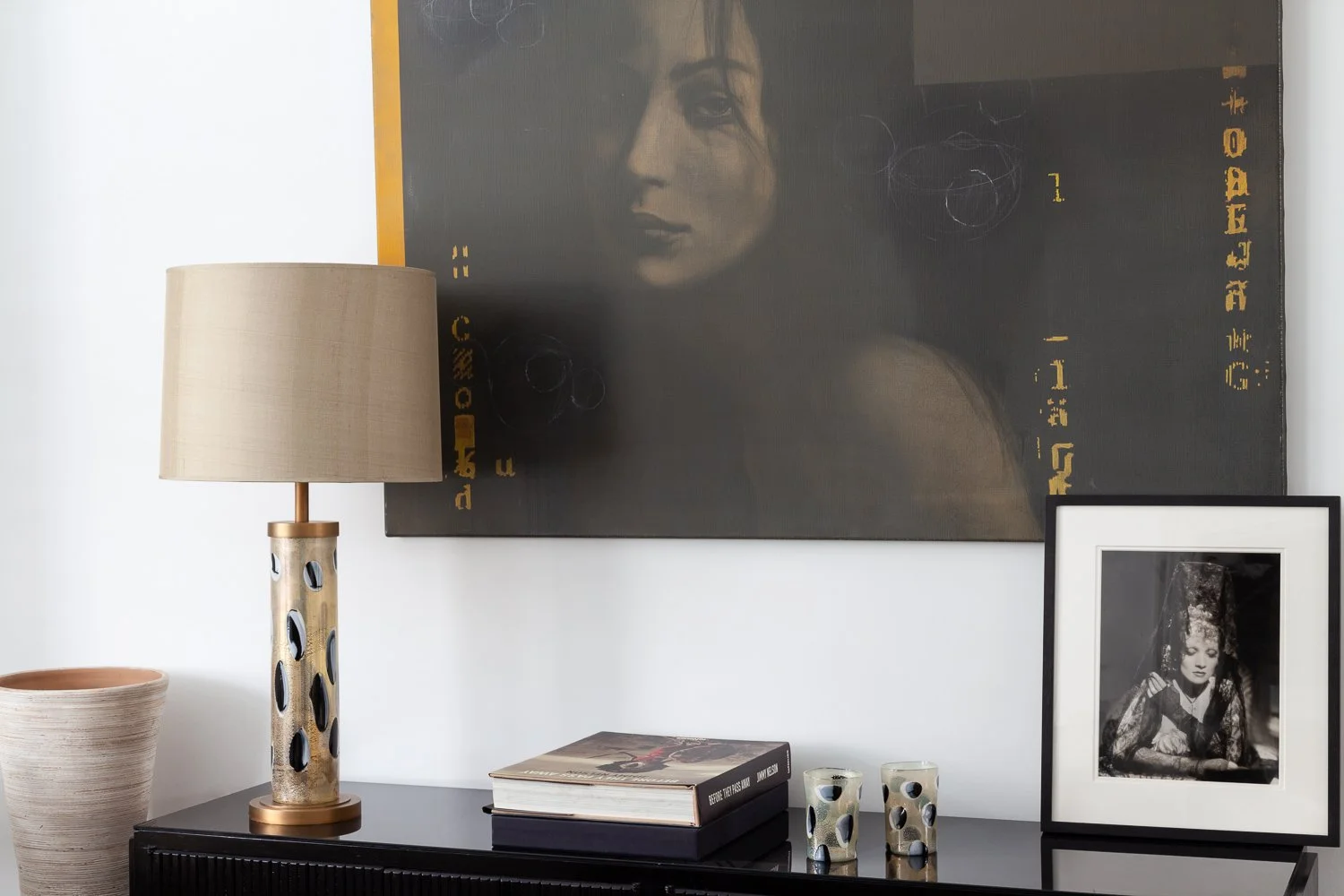 Isabelle Bizard Murano glass table lamp and drinking glasses, interior design photography