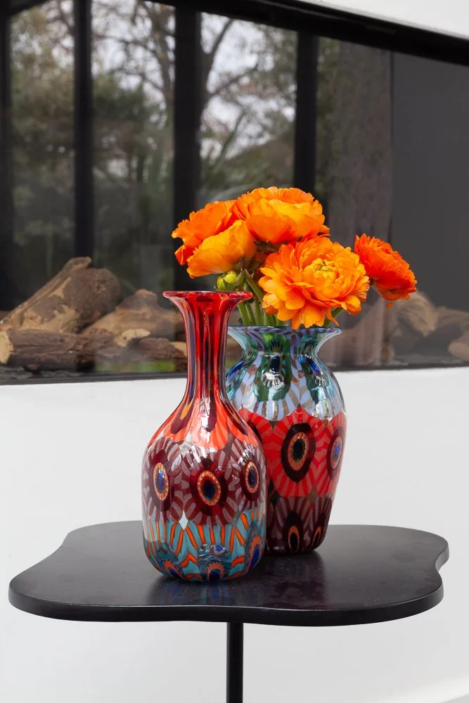 Isabelle Bizard red bud vase and Murrine collection Murano glass vase with fresh flowers, interior photographer