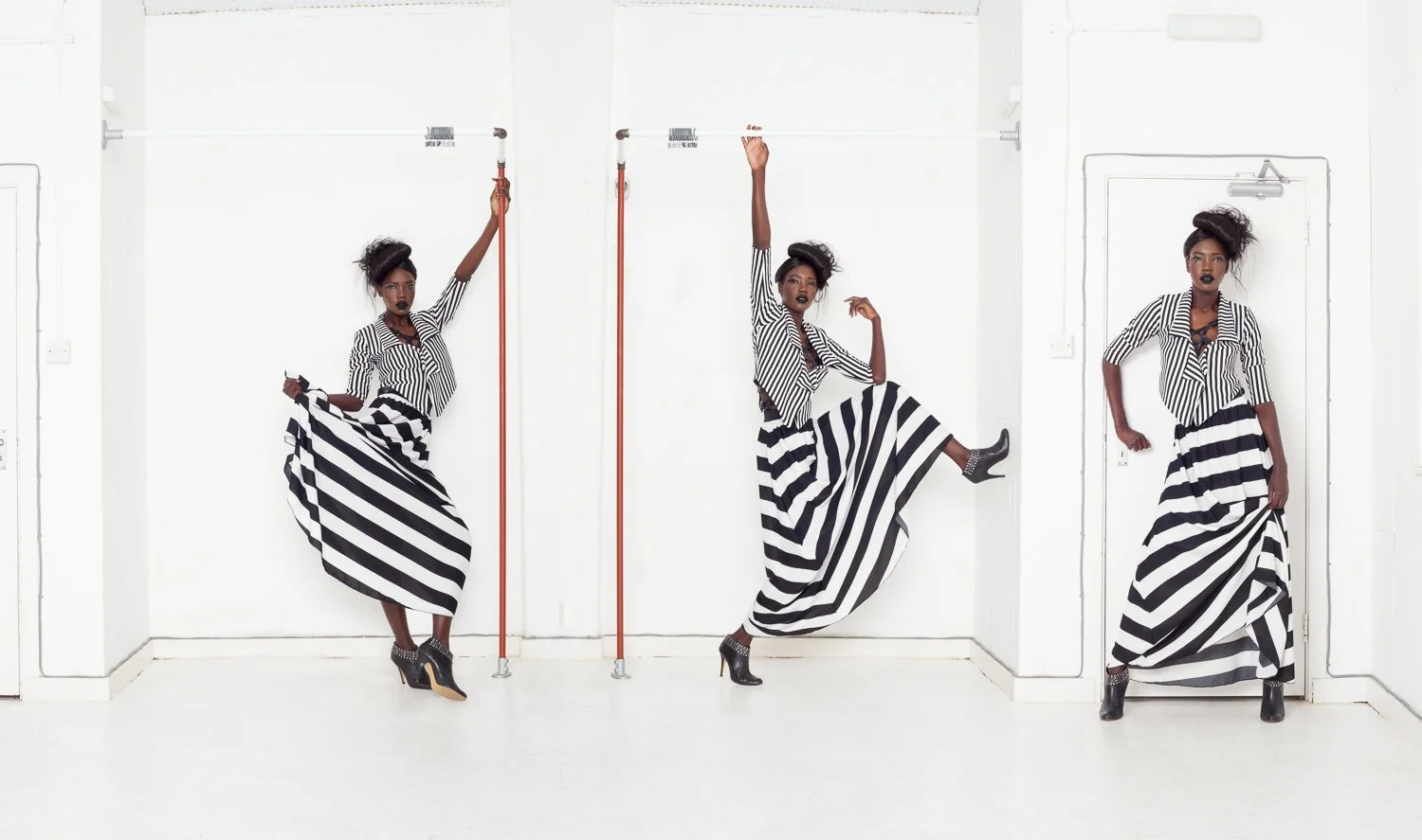 Sequence composite of one model in a striped maxi skirt, captured in three poses within a white studio, styled and art directed by Laurence Trolet, editorial fashion photography