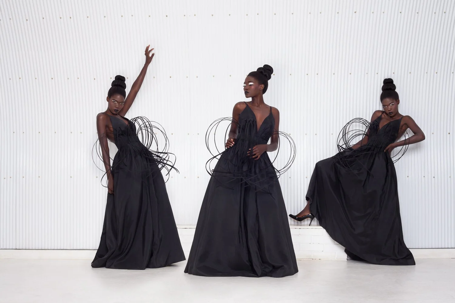 Sequence composite of one model in a black gown with wire detailing, captured in three poses, styled and art directed by Laurence Trolet, fashion and editorial photography