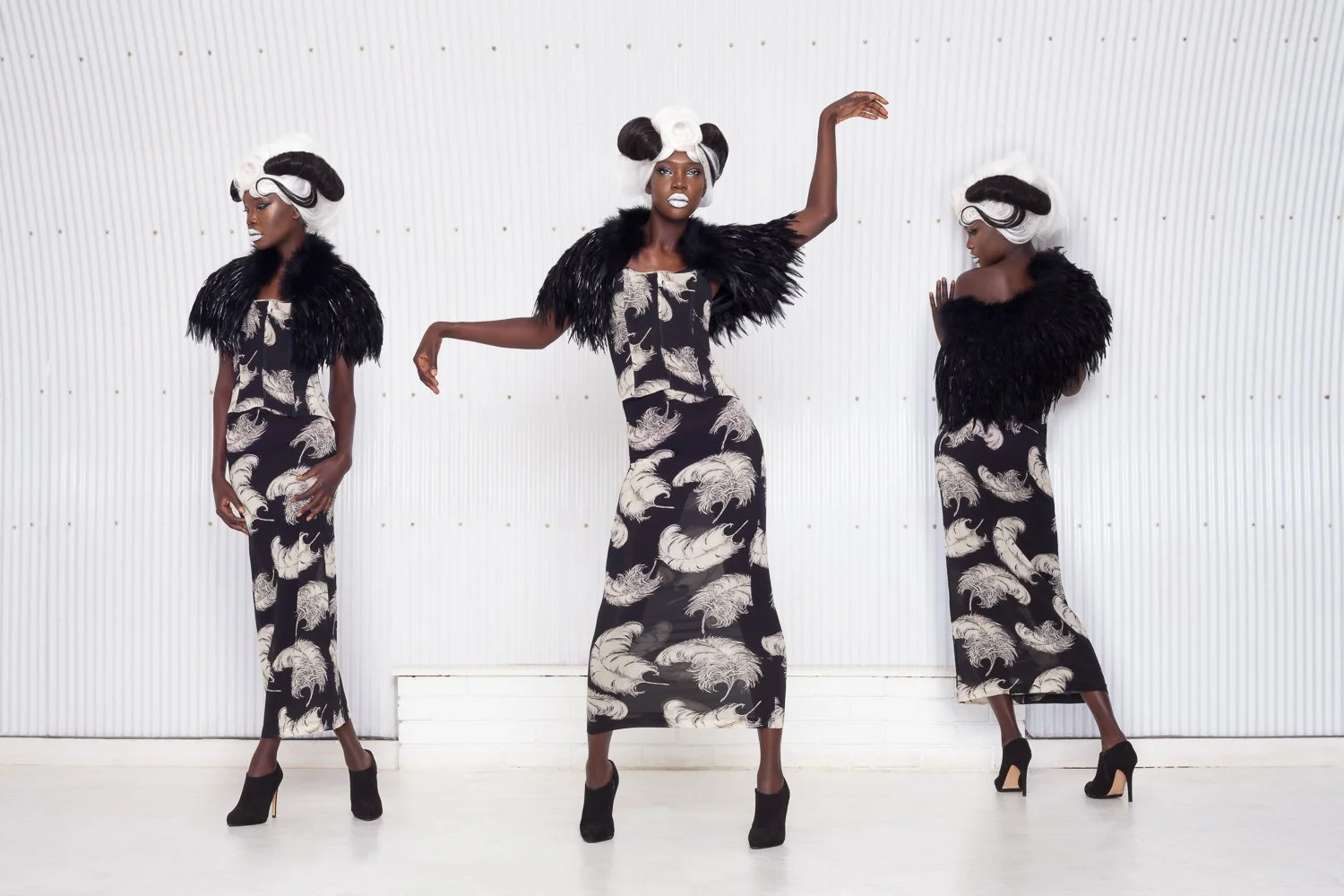 Sequence composite of one model in a printed outfit with a feathered collar, captured in three poses against a white backdrop, styled and art directed by Laurence Trolet, editorial fashion photography