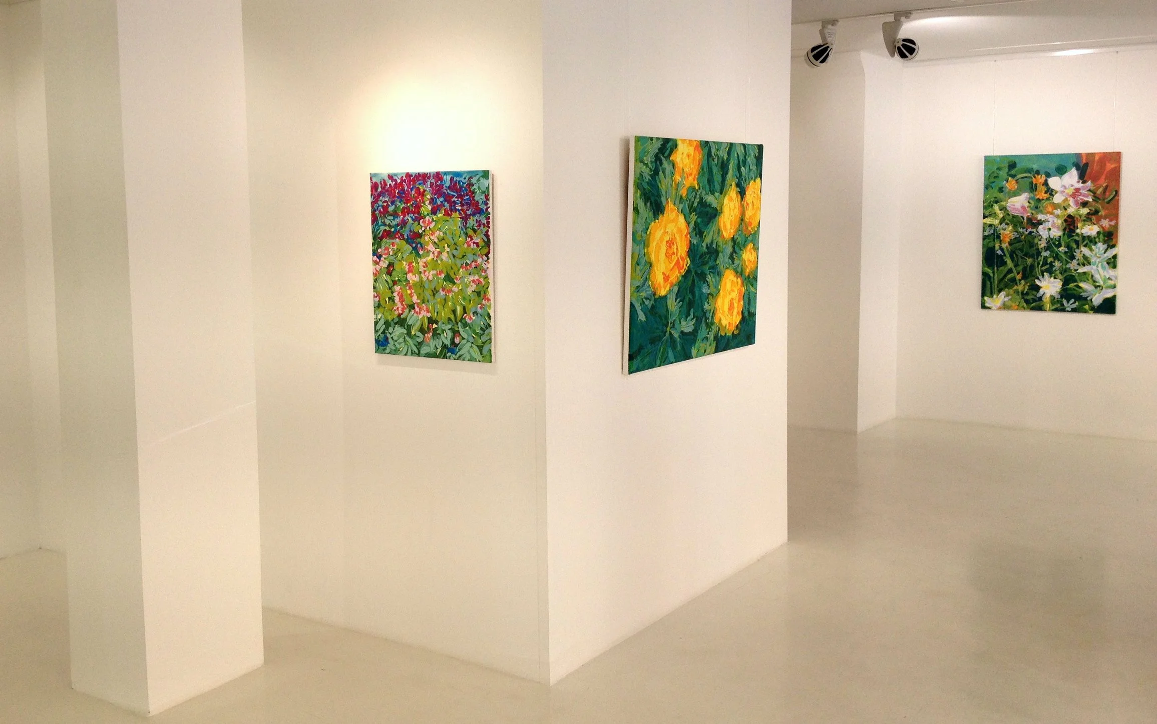  From left: Lathrys Vernus (acrylic on stretched canvas, 61 cm x 50 cm, 2012), Trollius (acrylic on stretched canvas, 81 cm x 100 cm, 2012), and Campanula (acrylic on stretched canvas, 100 cm x 81 cm, 2015) 