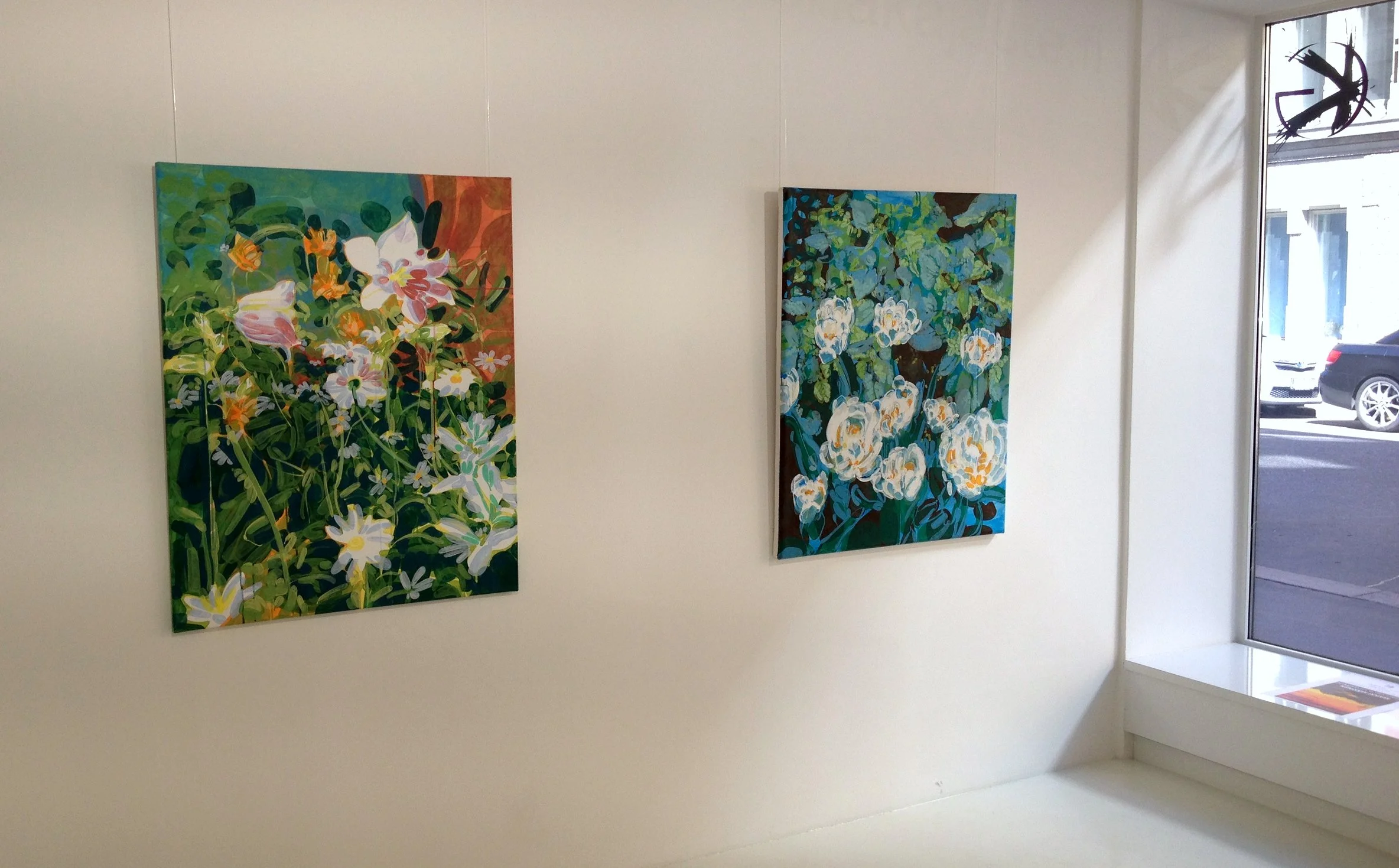  From left: Campanula (acrylic on stretched canvas, 100 cm x 81 cm, 2015) and Tulipa Caesius (acrylic on stretched canvas, 100 cm x 81 cm, 2012) 