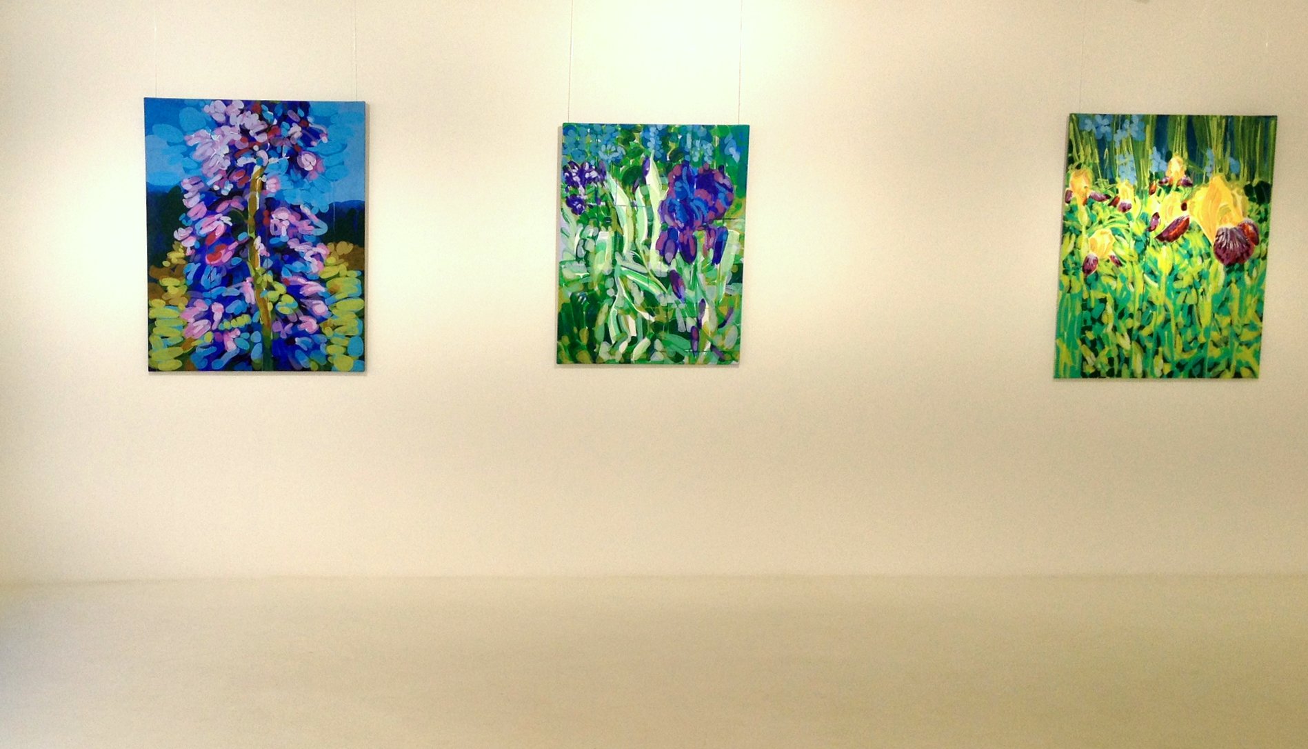  From left: Delphinium (acrylic on stretched canvas, 100 cm x 80 cm, 2015), Iris Sibirica (acrylic on stretched canvas, 90 cm x 70 cm, 2015), and Iris Variegata (acrylic on stretched canvas, 100 cm x 80 cm, 2015) 