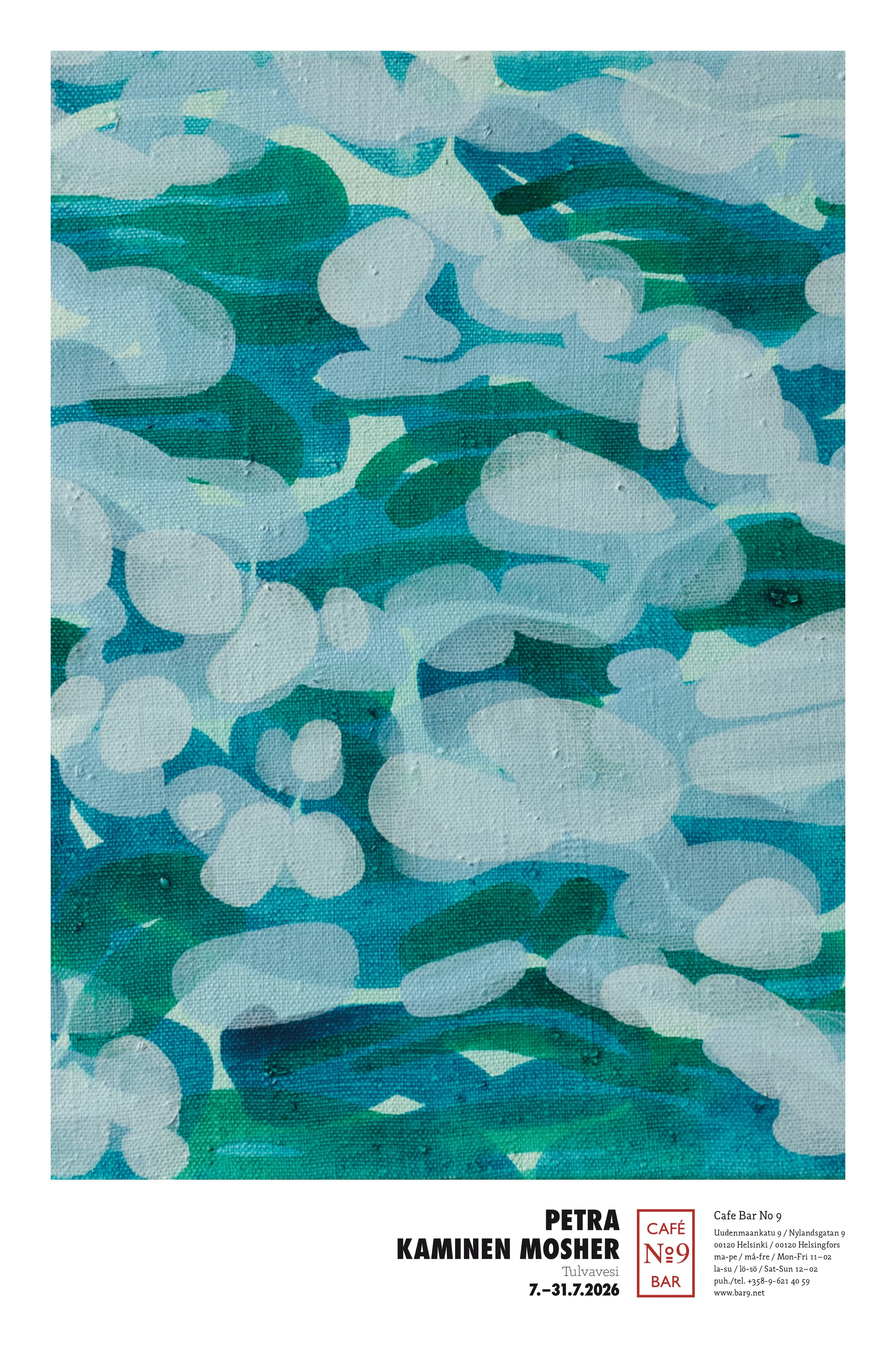 Poster of exhibition titled Tulvavesi (Floodwater) with a vertical image of an abstracted water painting on canvas.
