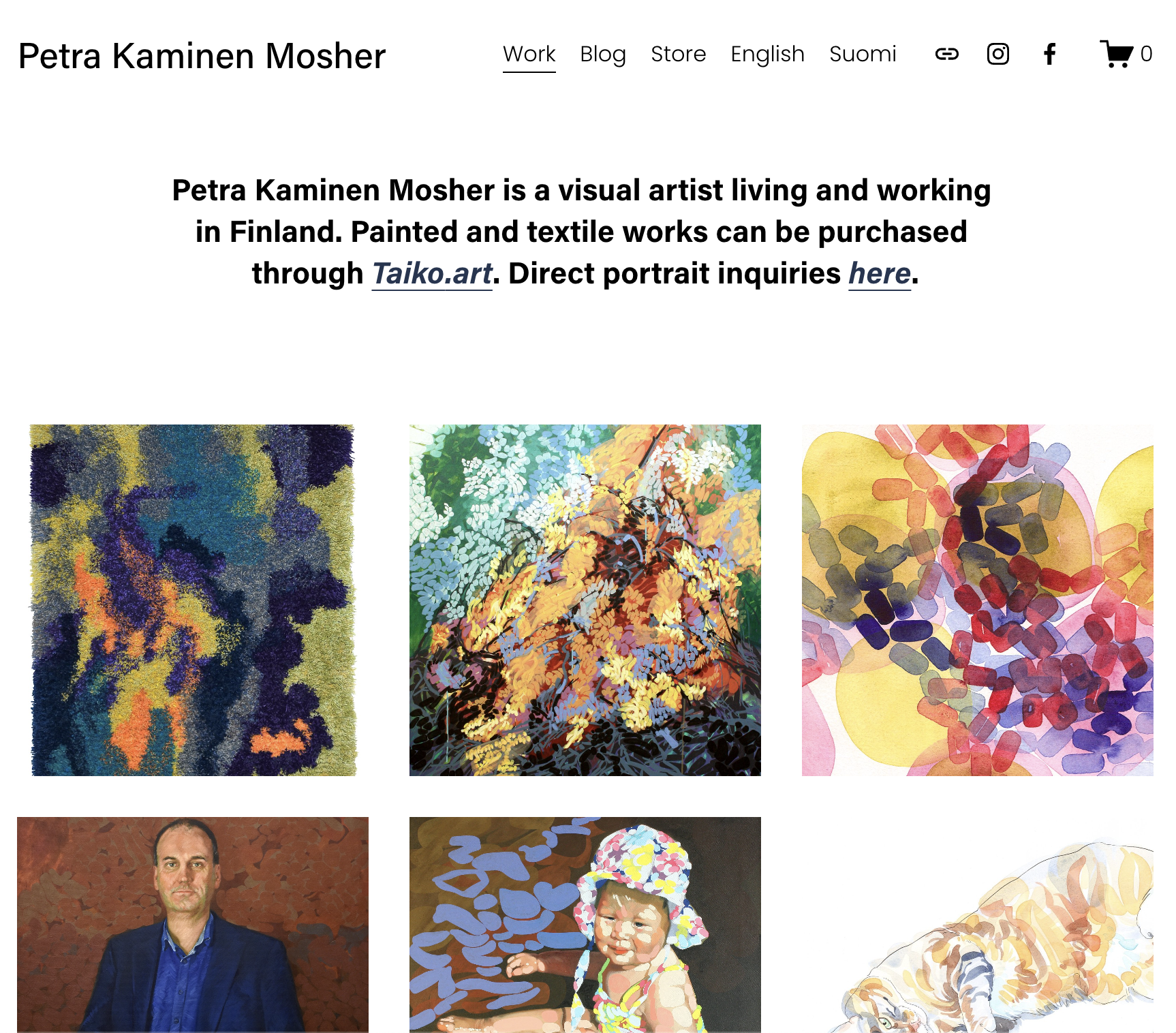 Screenshot of starting page of website kaminenmosher.com with gallery of artwork examples under the title.