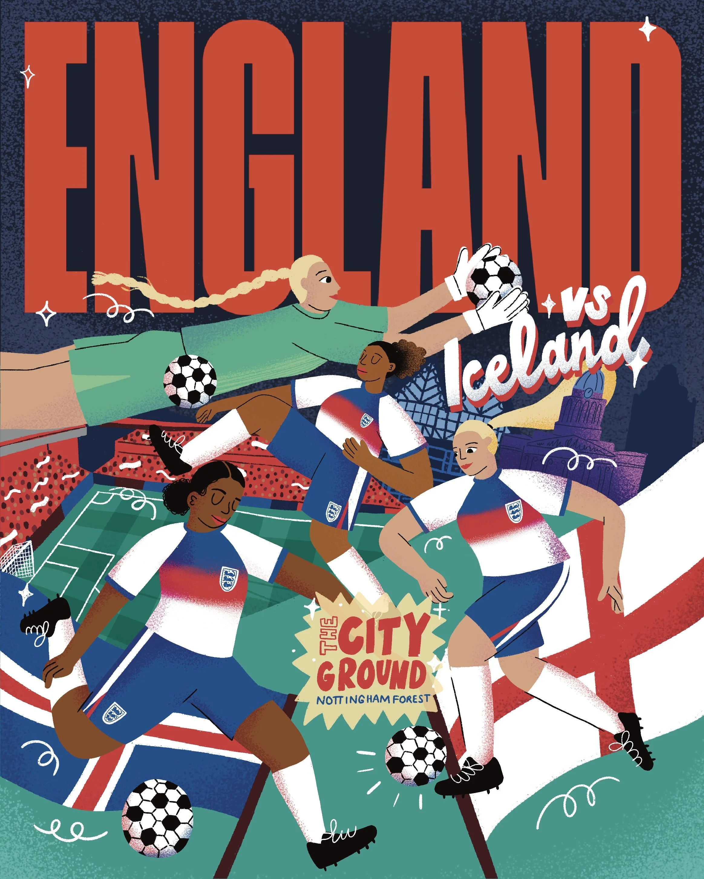 ENGLAND Women's Football team programme illustrated cover design for the Lionesses game against Iceland,