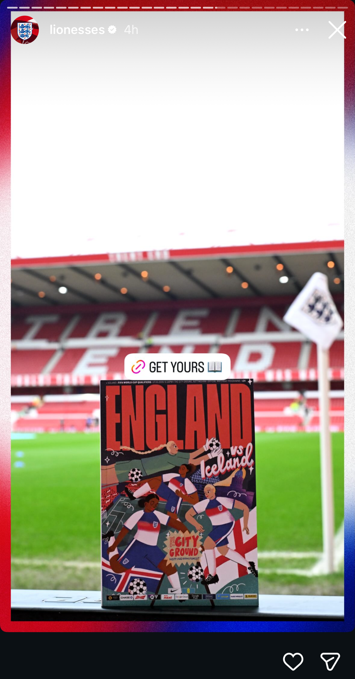 ENGLAND Lionesses Game Football Illustration Cover Design. Four illustrated football players shown in the foreground with handdrawn type for 'vs Iceland' and illustrated stadium and nottingham buildings.