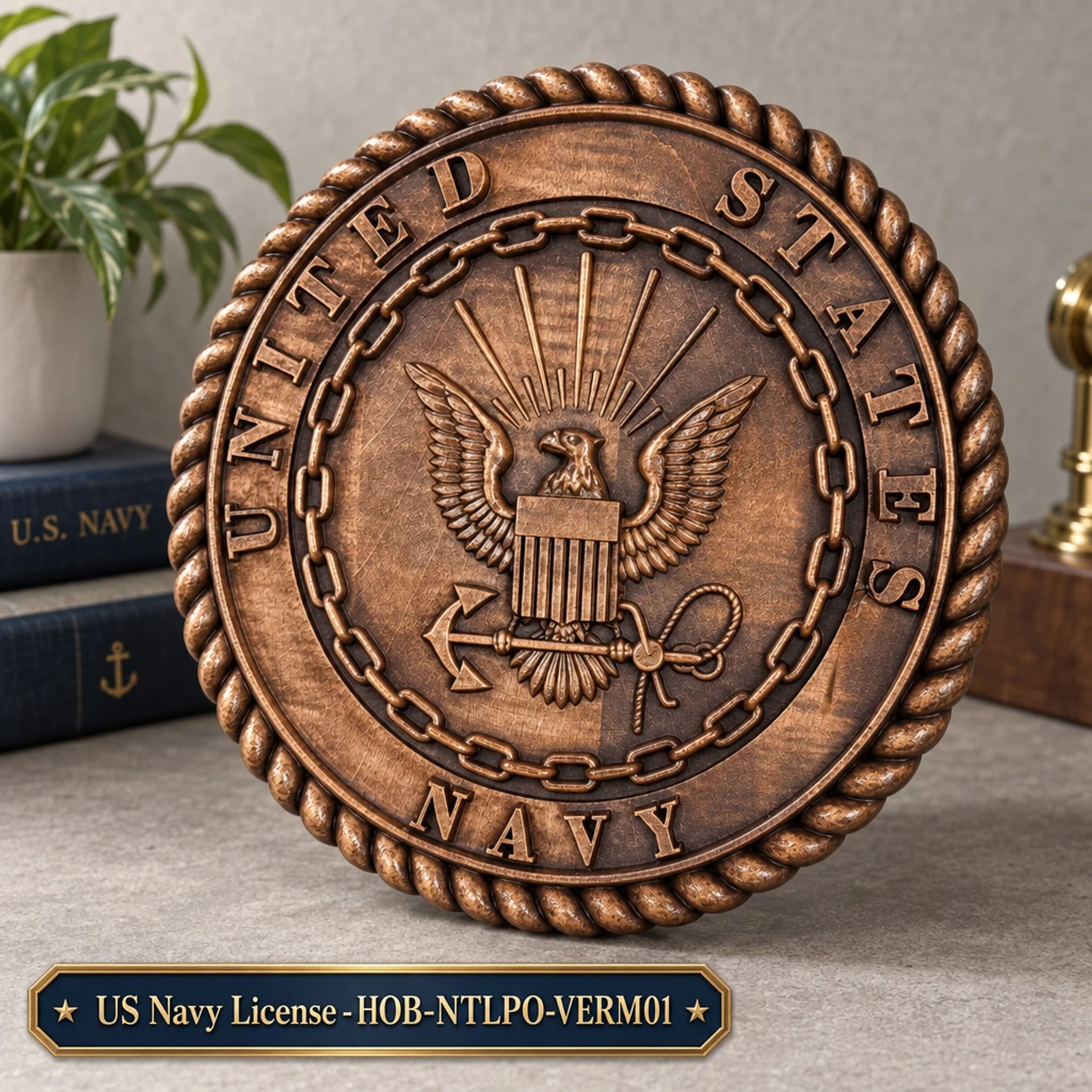 Carved Navy insignia wood plaque with rope border and US Navy license banner