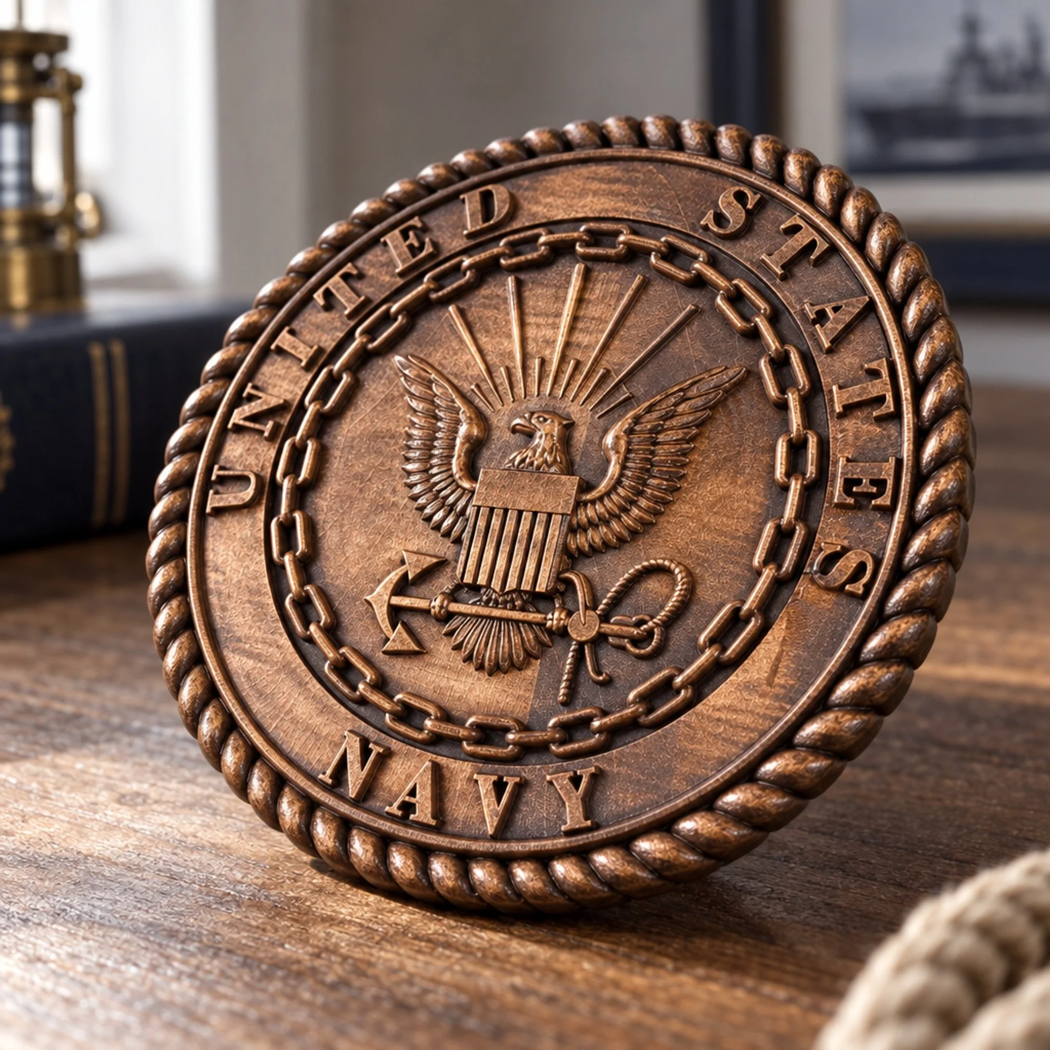Front view of carved Navy eagle, shield and anchor on dark stained plaque
