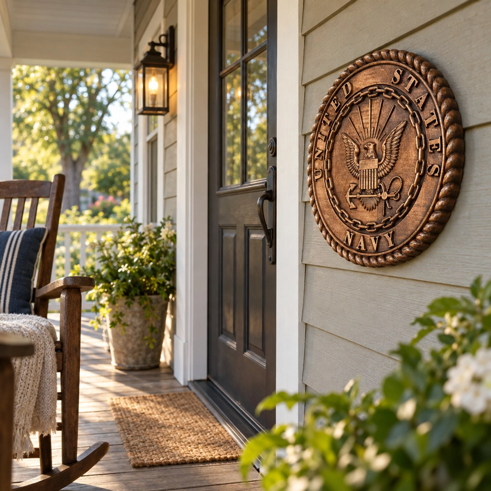 Navy plaque displayed near a porch entrance