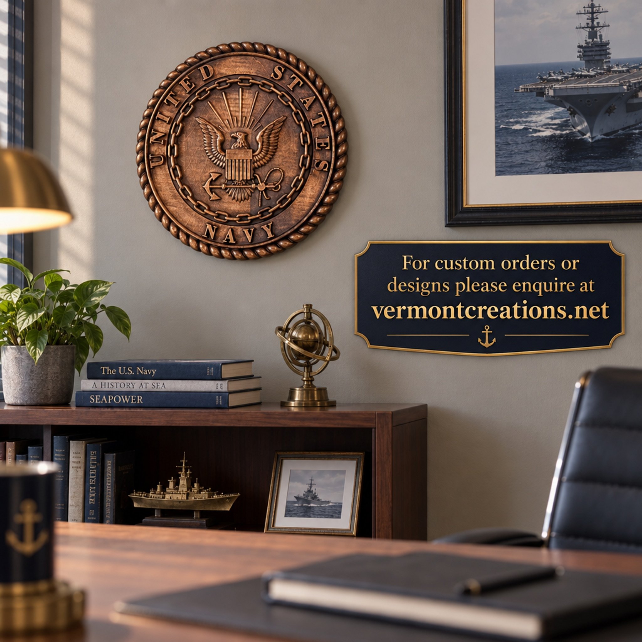 Navy plaque displayed in a home office