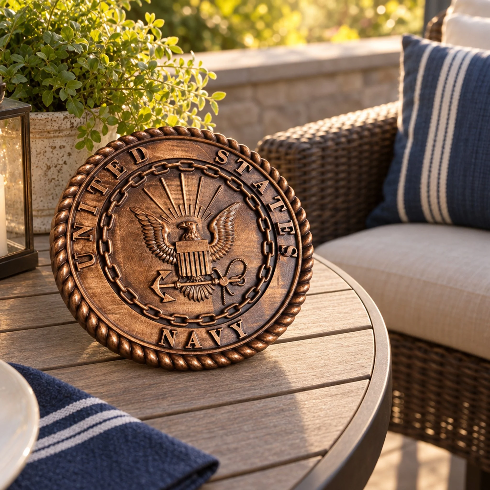Navy insignia plaque on an outdoor patio table