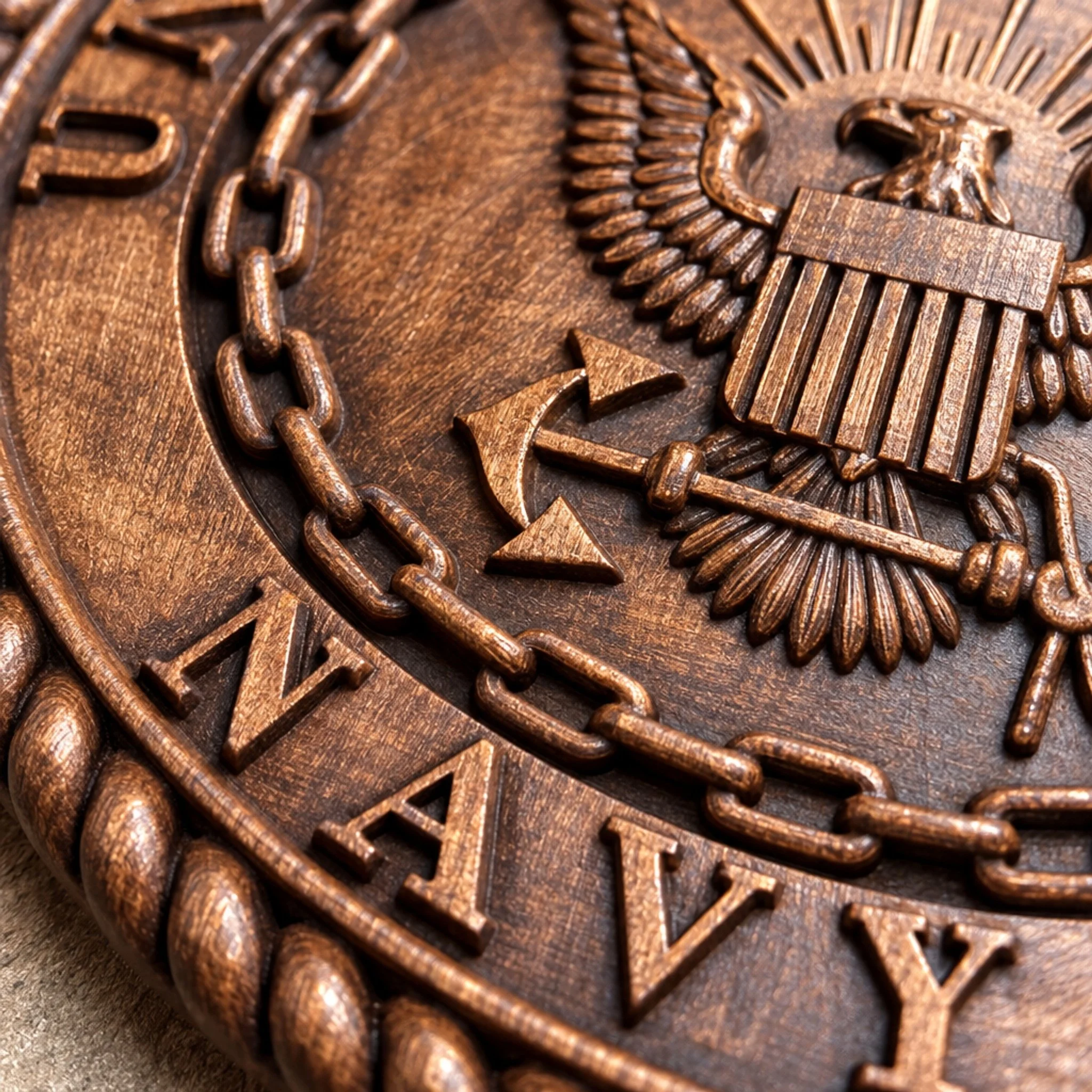 Close-up of raised Navy lettering and wood-carved details