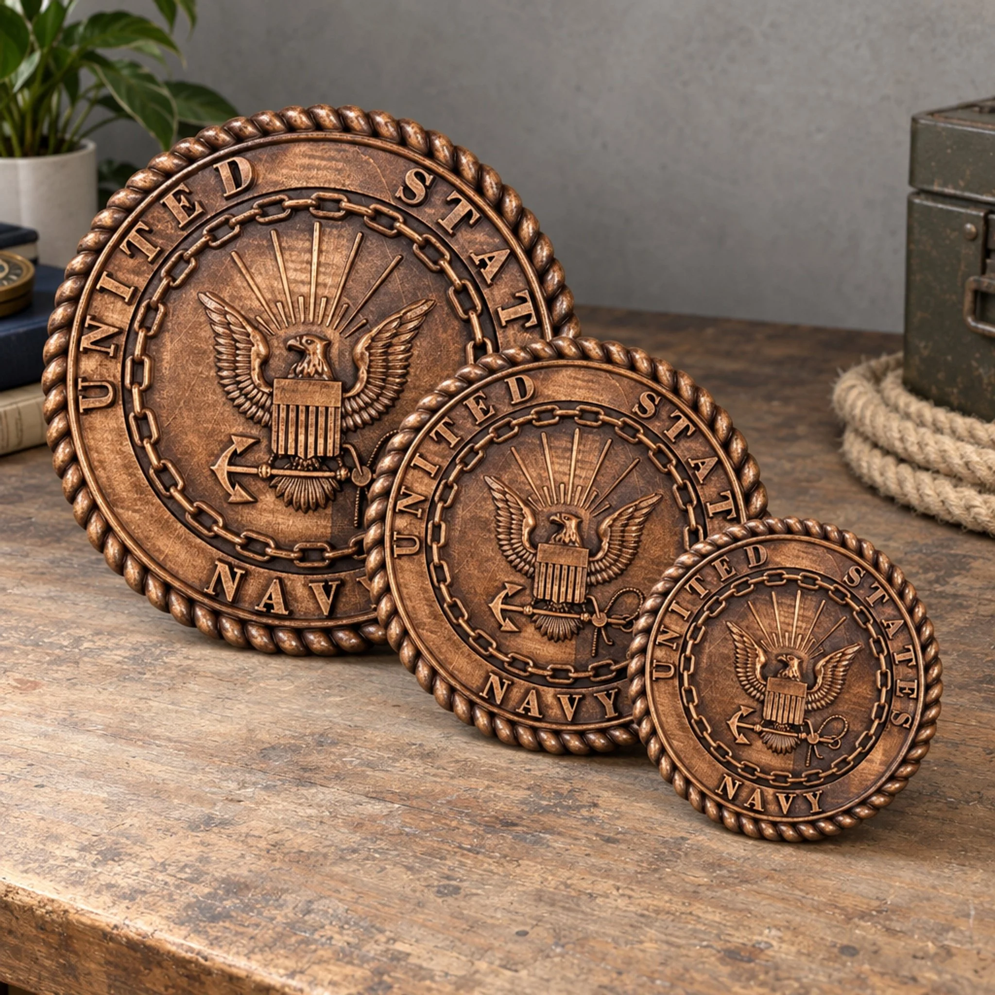Collection of carved Navy plaques shown in different sizes