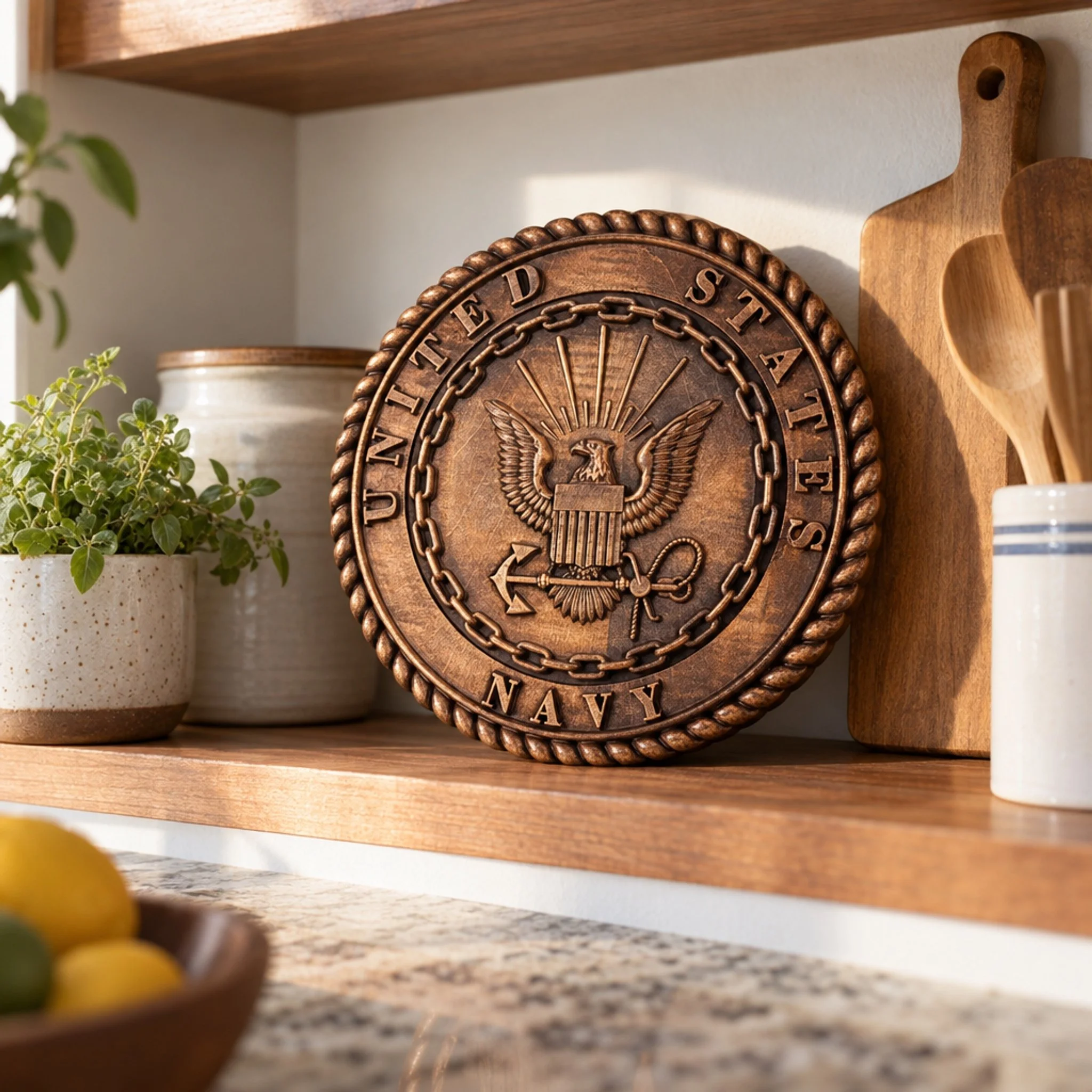 Navy plaque displayed in a kitchen setting