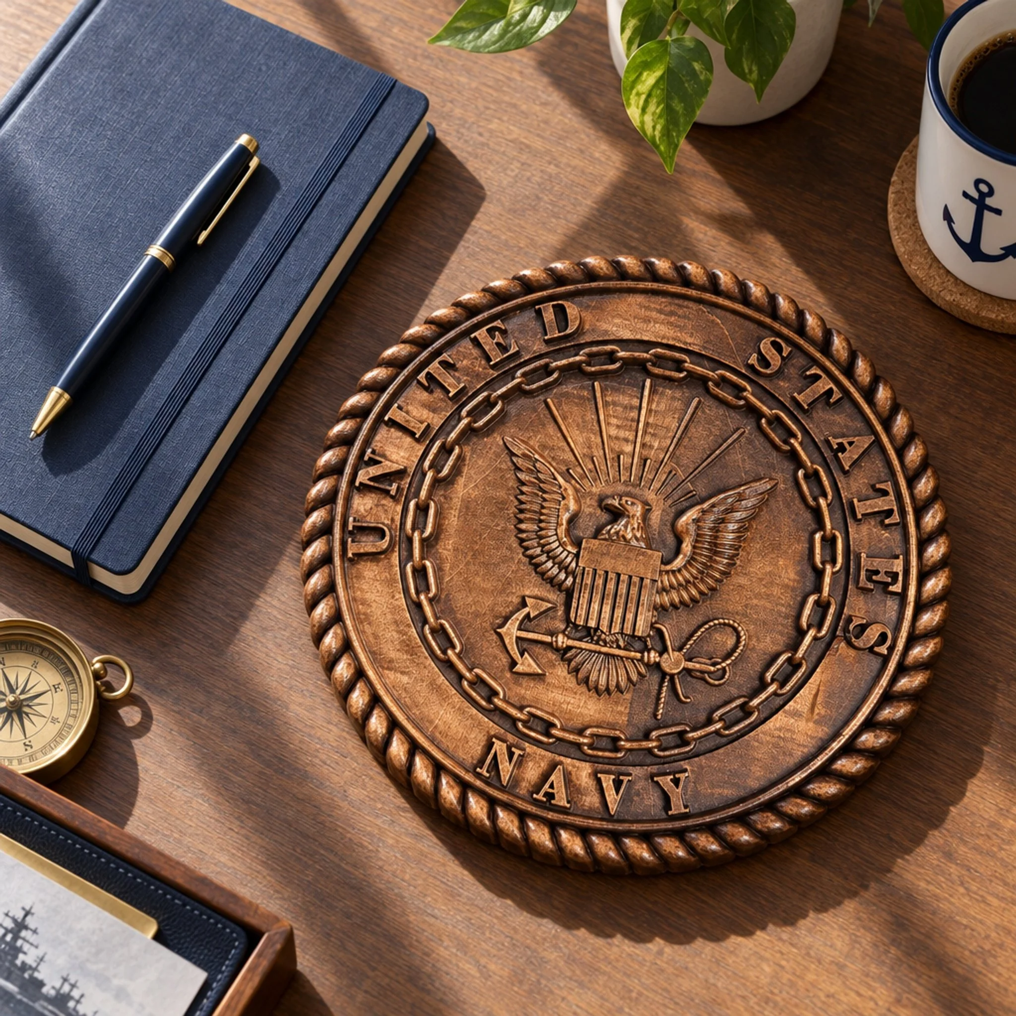 Carved Navy plaque on a professional desk beside office items