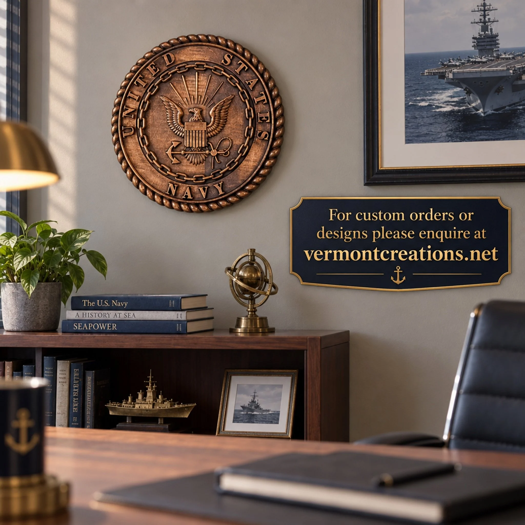 Navy plaque displayed in a home office