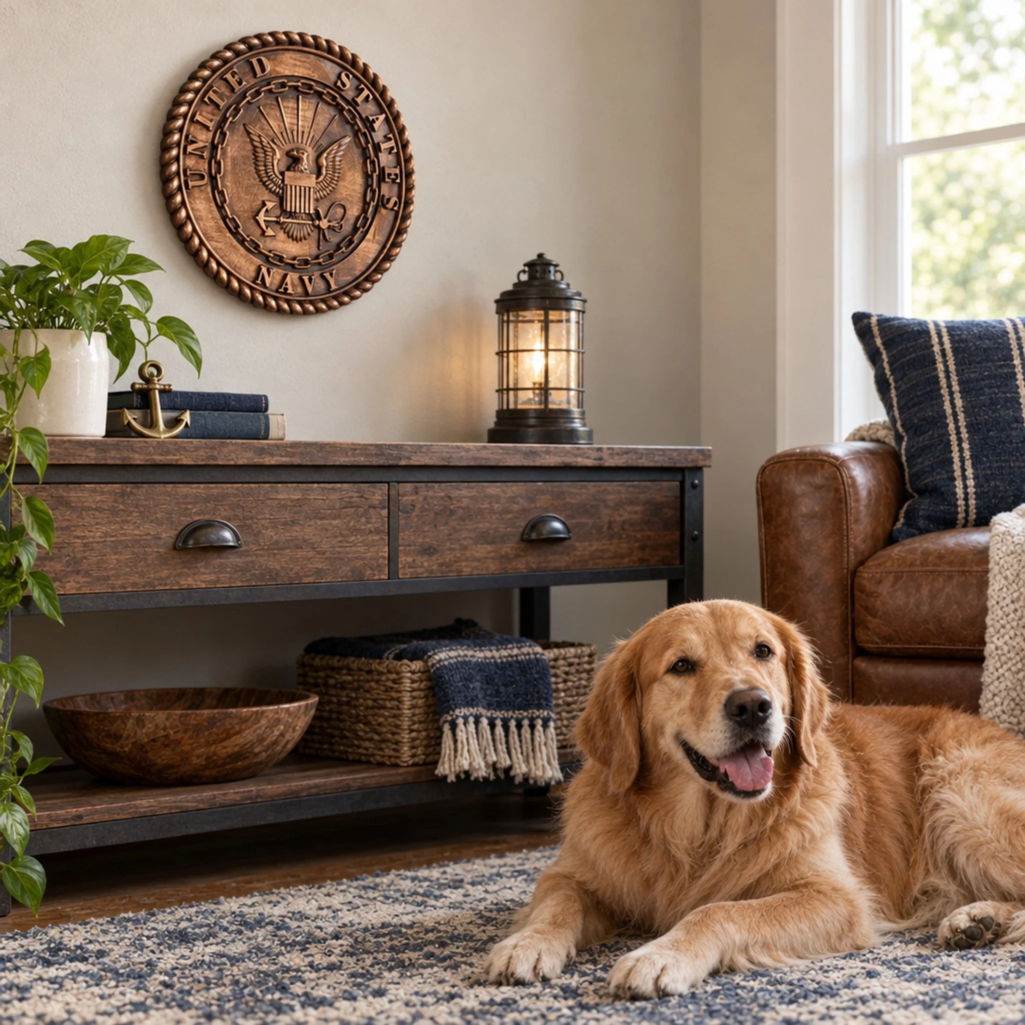 Navy plaque in a furnished sitting area