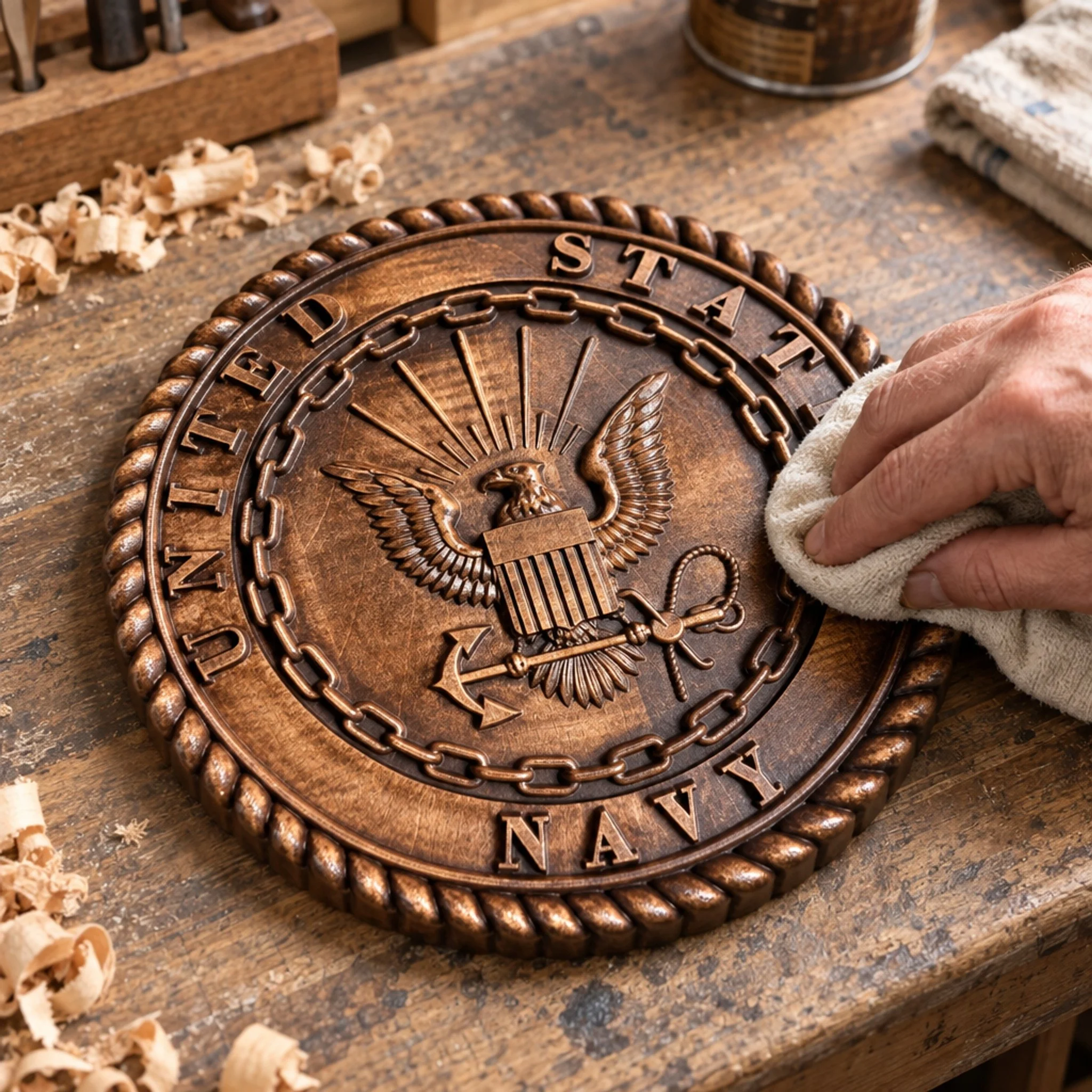 Craftsperson working on the carved Navy insignia plaque