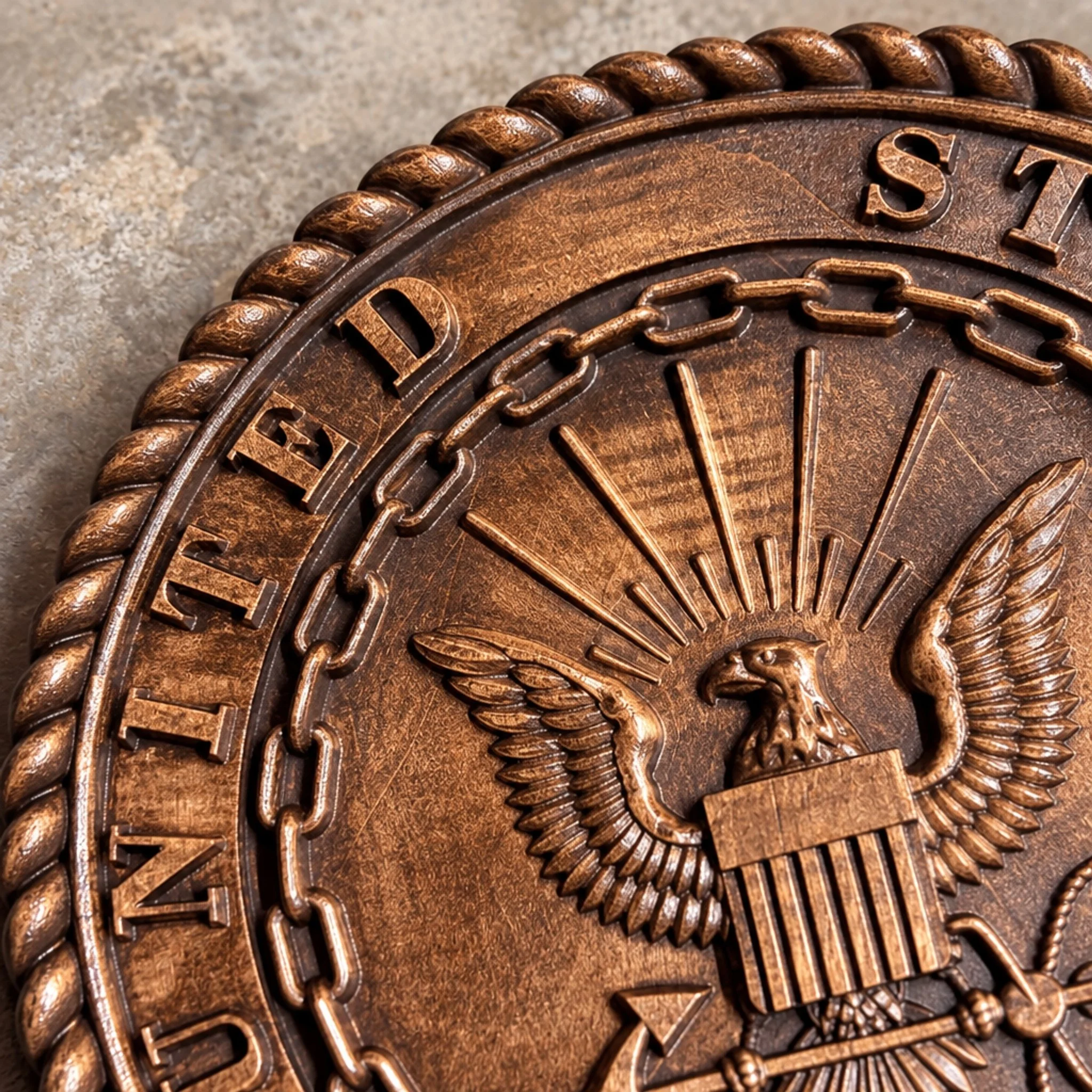 Close-up of raised eagle, chain and rope border carved into Navy plaque