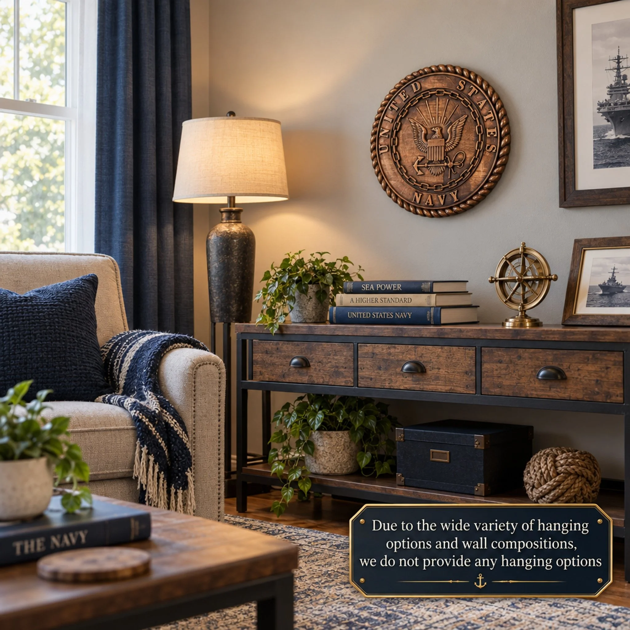 Carved Navy plaque displayed on a wall in a furnished room