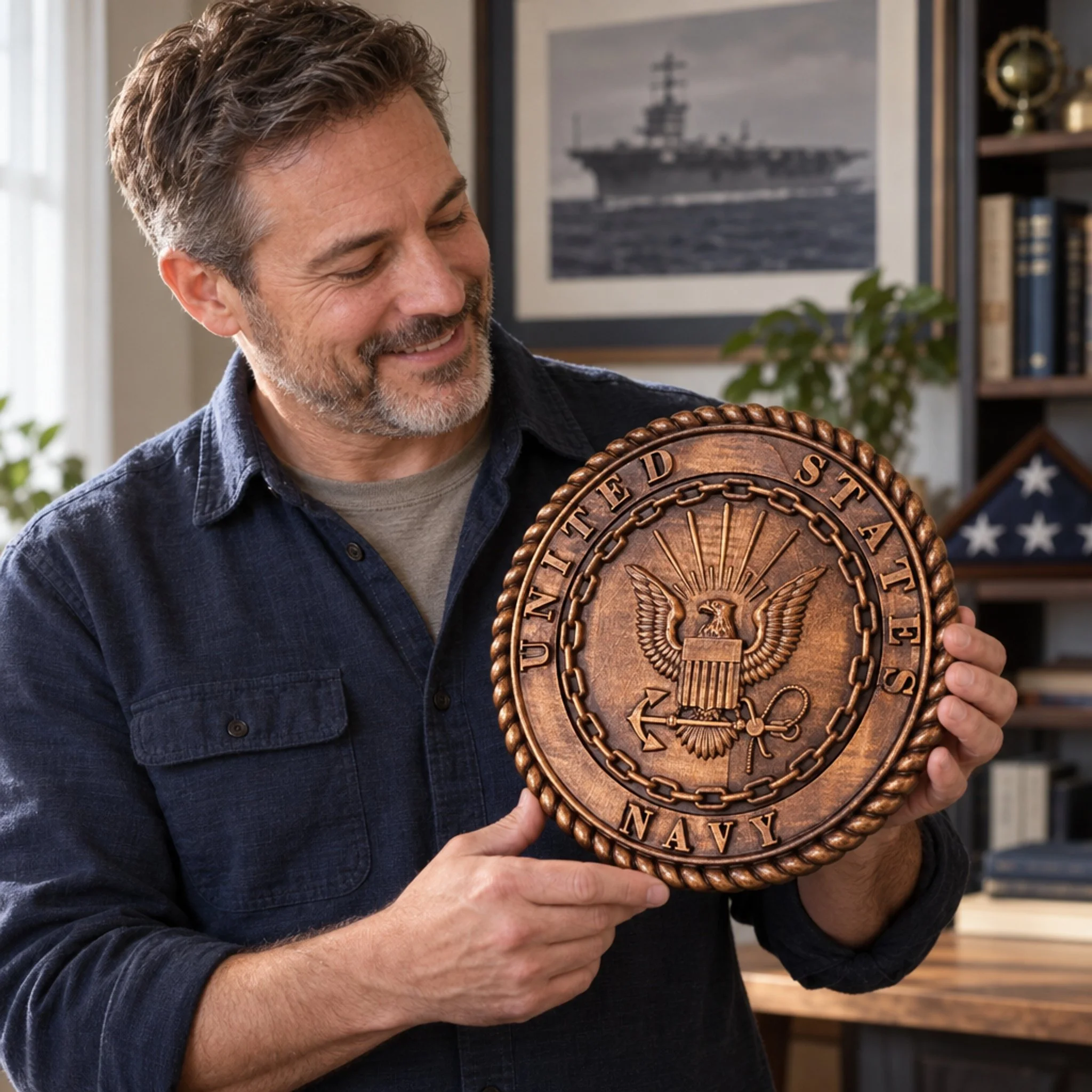 Person holding the carved Navy insignia plaque