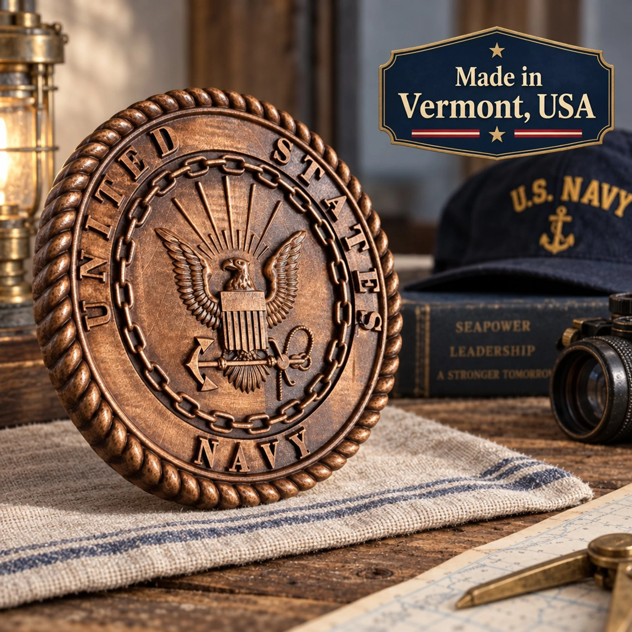 Angled view of Navy insignia plaque beside a Navy cap and Made in Vermont badge